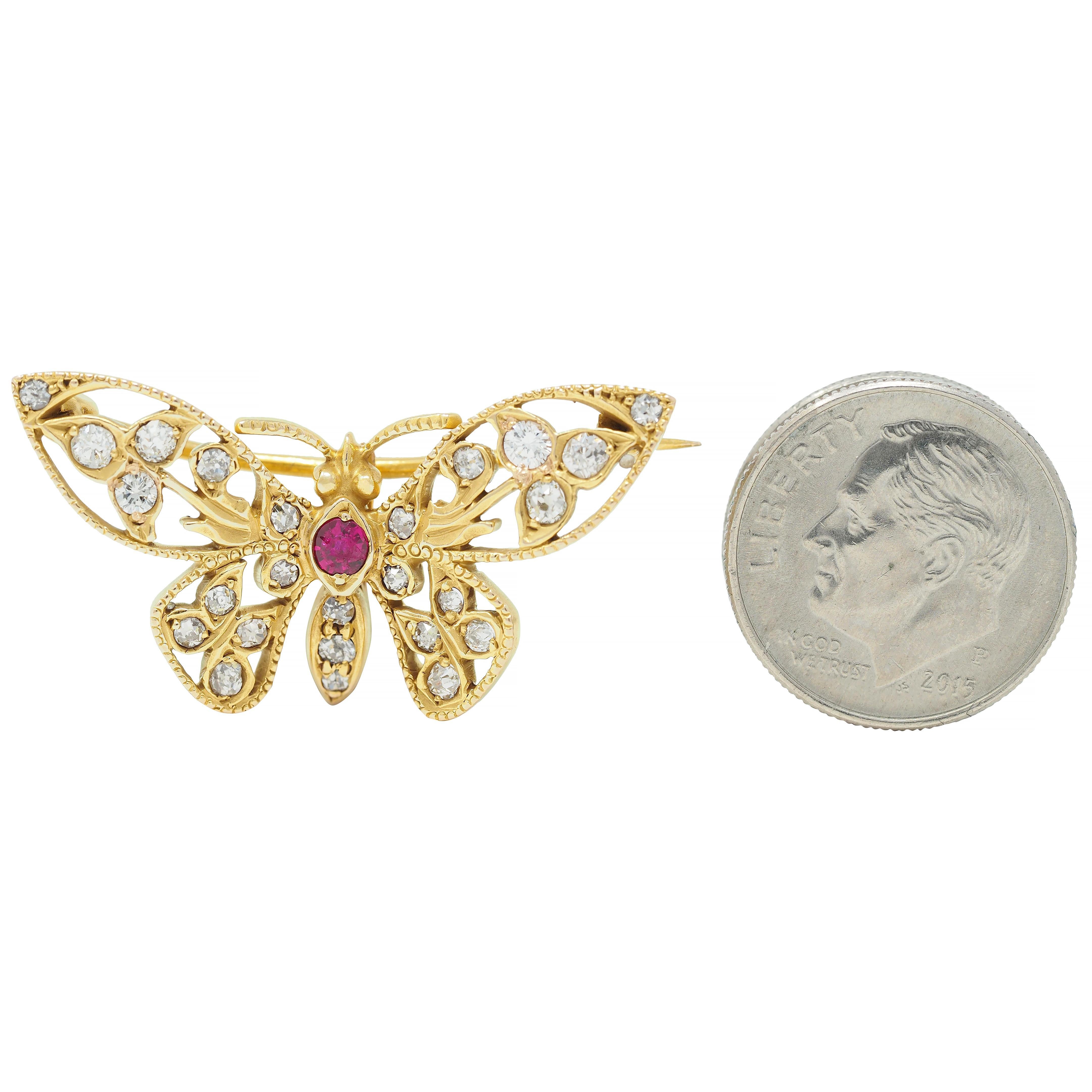 Art Nouveau Antique Ruby Diamond 14 Karat Yellow Gold Butterfly Brooch For Sale 1