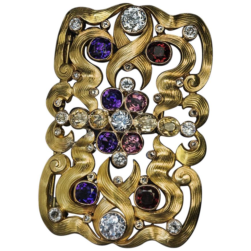 Art Nouveau Antique Russian Jeweled Gold Belt Buckle Brooch