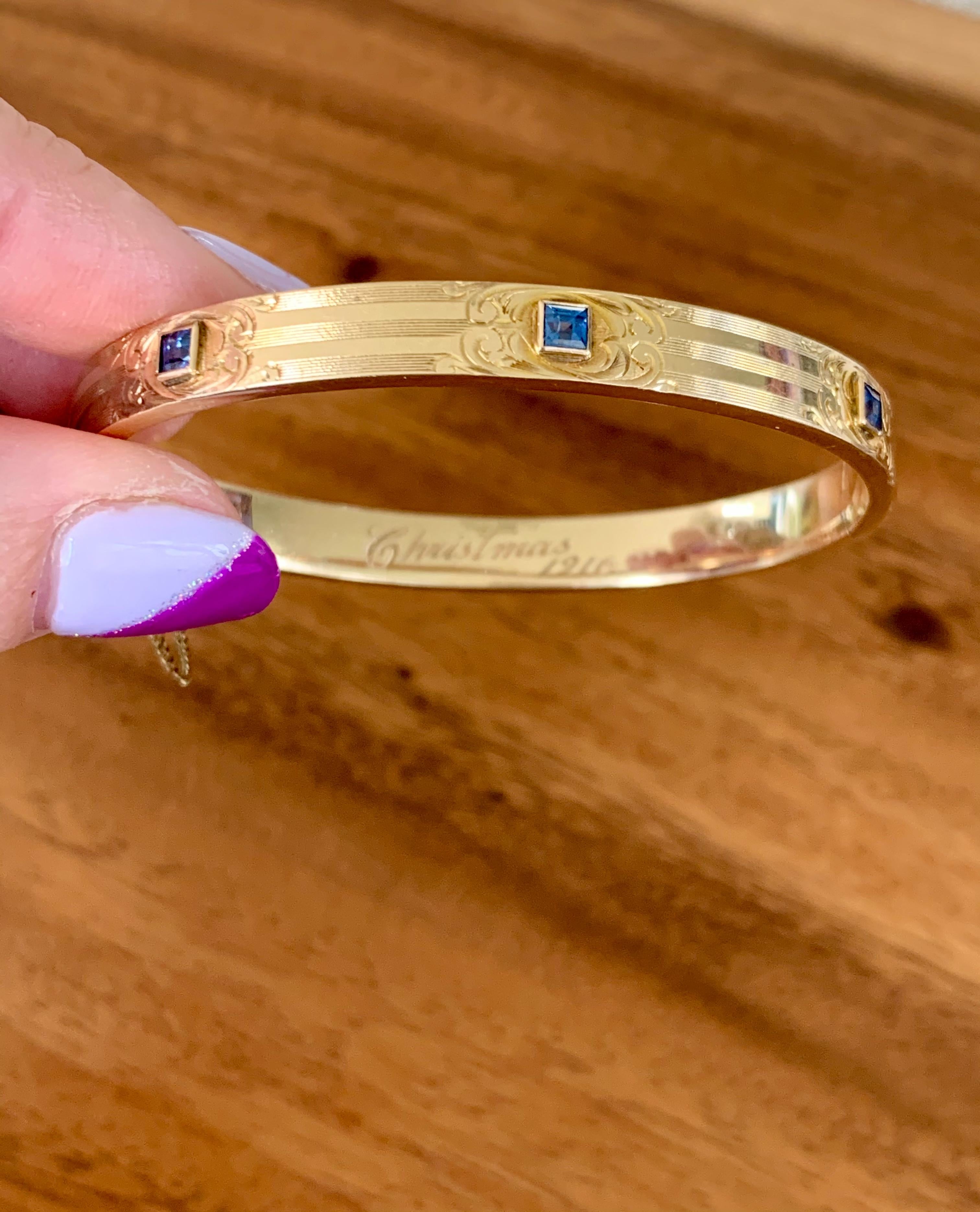 Art Nouveau Antique Sapphire 14 Karat Yellow Gold Bangle In Excellent Condition In St. Louis Park, MN