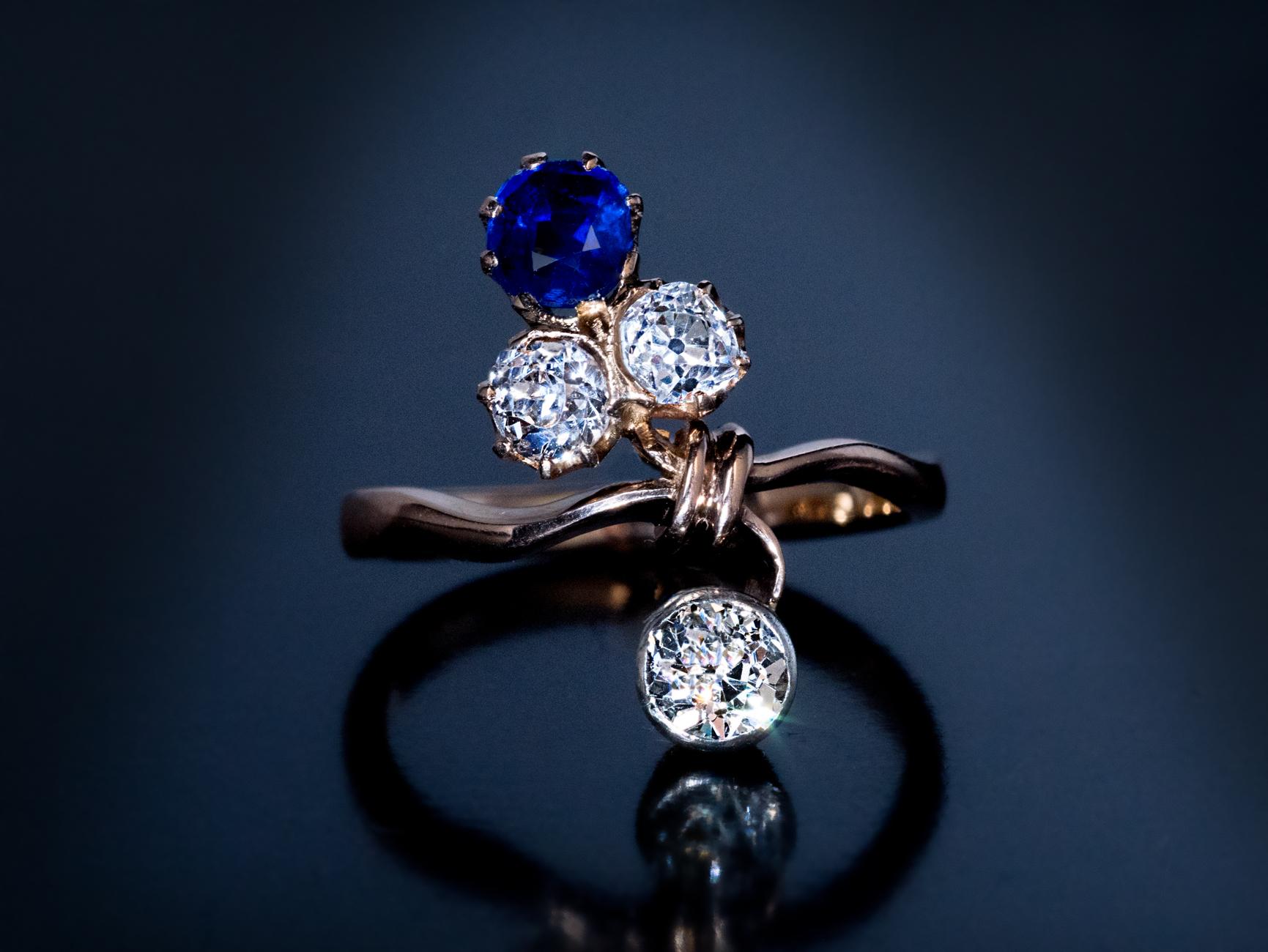 Old Mine Cut Art Nouveau Antique Sapphire Diamond Gold Flower Ring