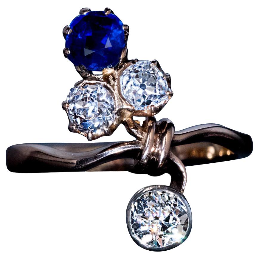 Art Nouveau Antique Sapphire Diamond Gold Flower Ring