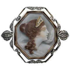 Art Nouveau Antique Shell Cameo Diamond Platinum Gold Brooch