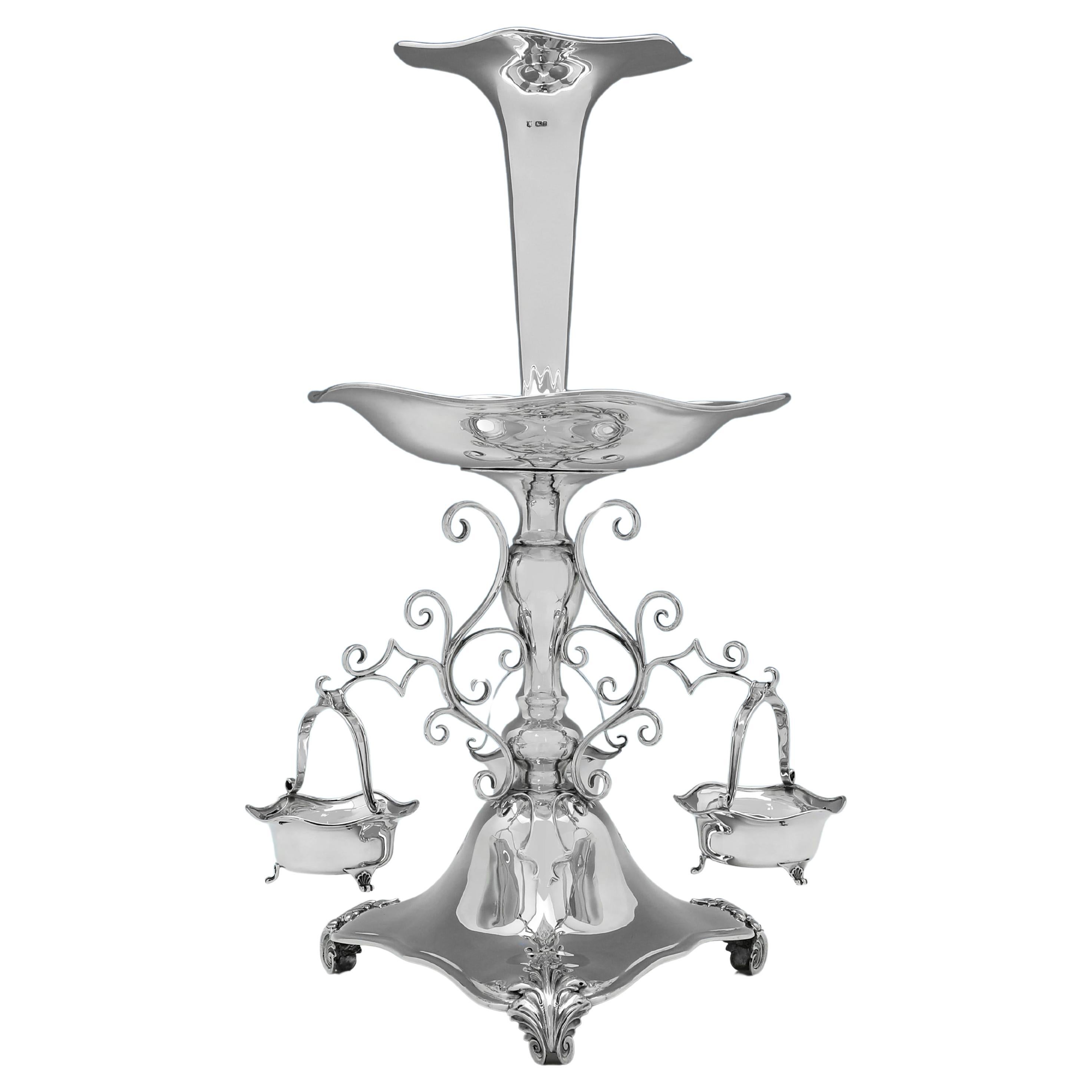 Epergne o Centro de Mesa Art Nouveau Antiguo de Plata de Ley - Fabricado en 1909
