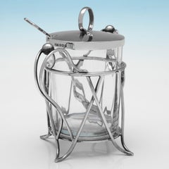 Art nouveau antique sterling silver & glass jam pot and jam spoon made in 1909