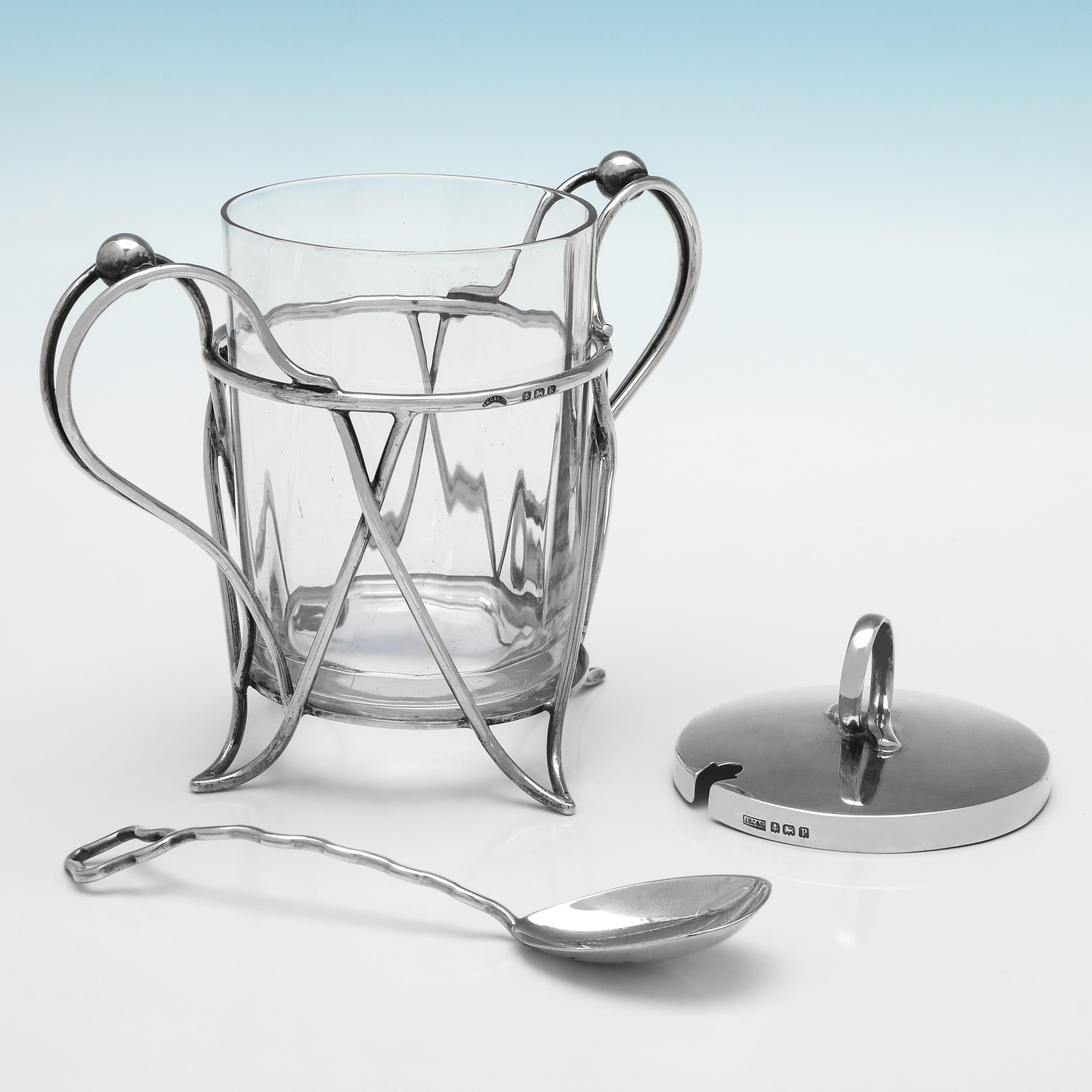 Art Nouveau Art nouveau antique sterling silver & glass jam pot and jam spoon made in 1909 For Sale