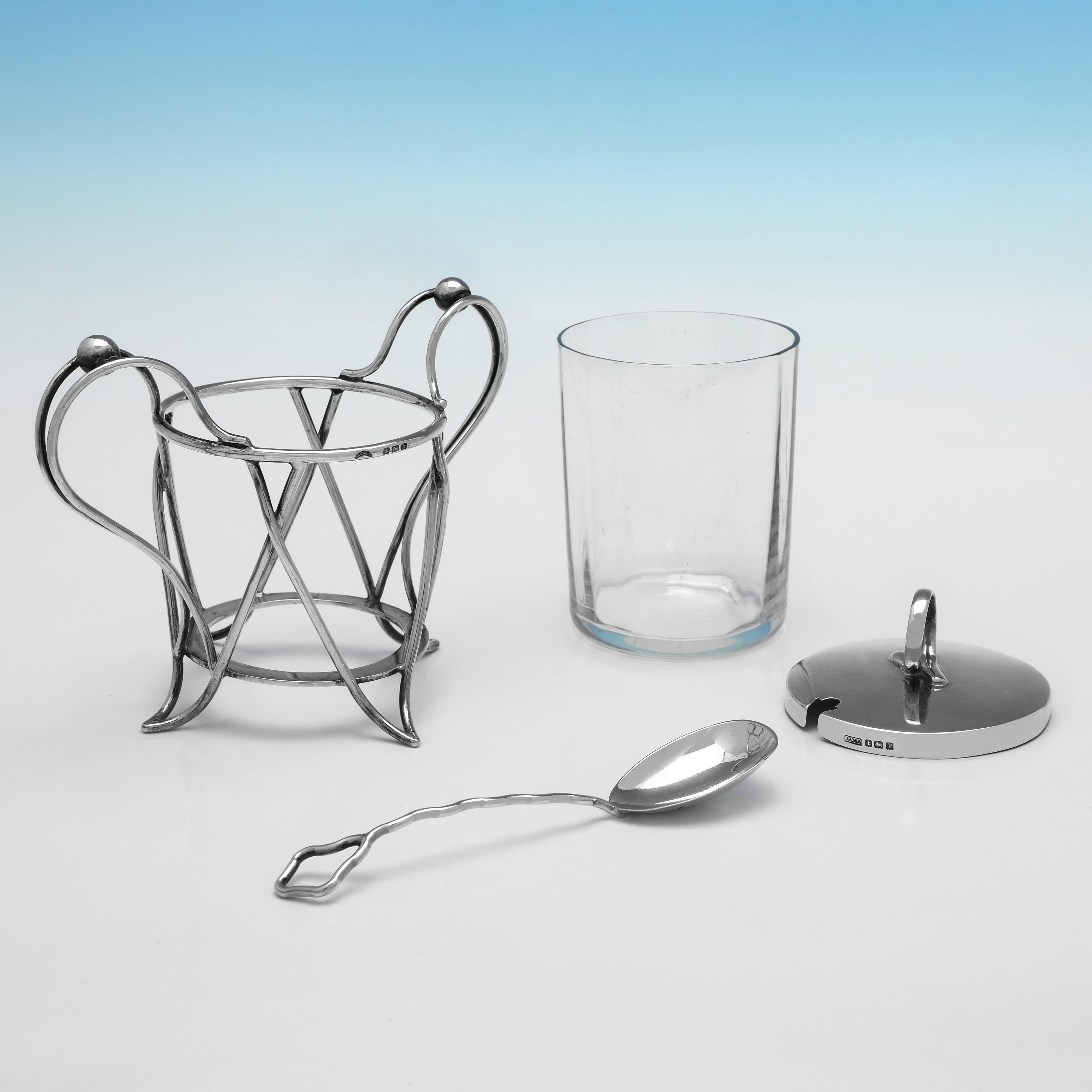 English Art nouveau antique sterling silver & glass jam pot and jam spoon made in 1909 For Sale