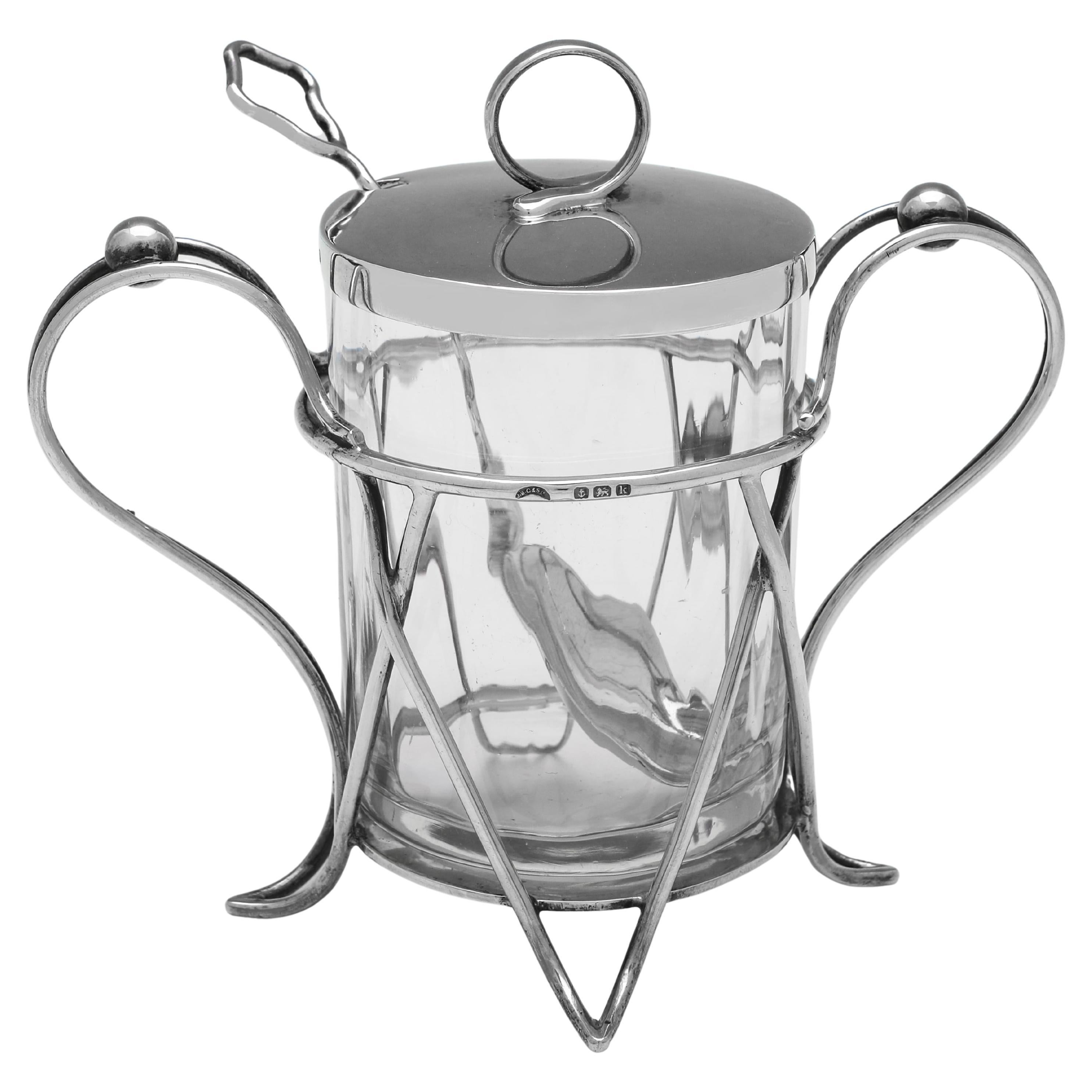 Art nouveau antique sterling silver & glass jam pot and jam spoon made in 1909 For Sale