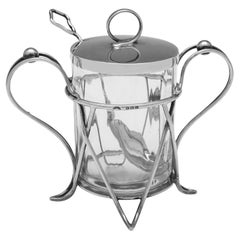 Tarro de mermelada y cuchara de mermelada antiguos Art Nouveau de plata de ley y cristal fabricados en 1909
