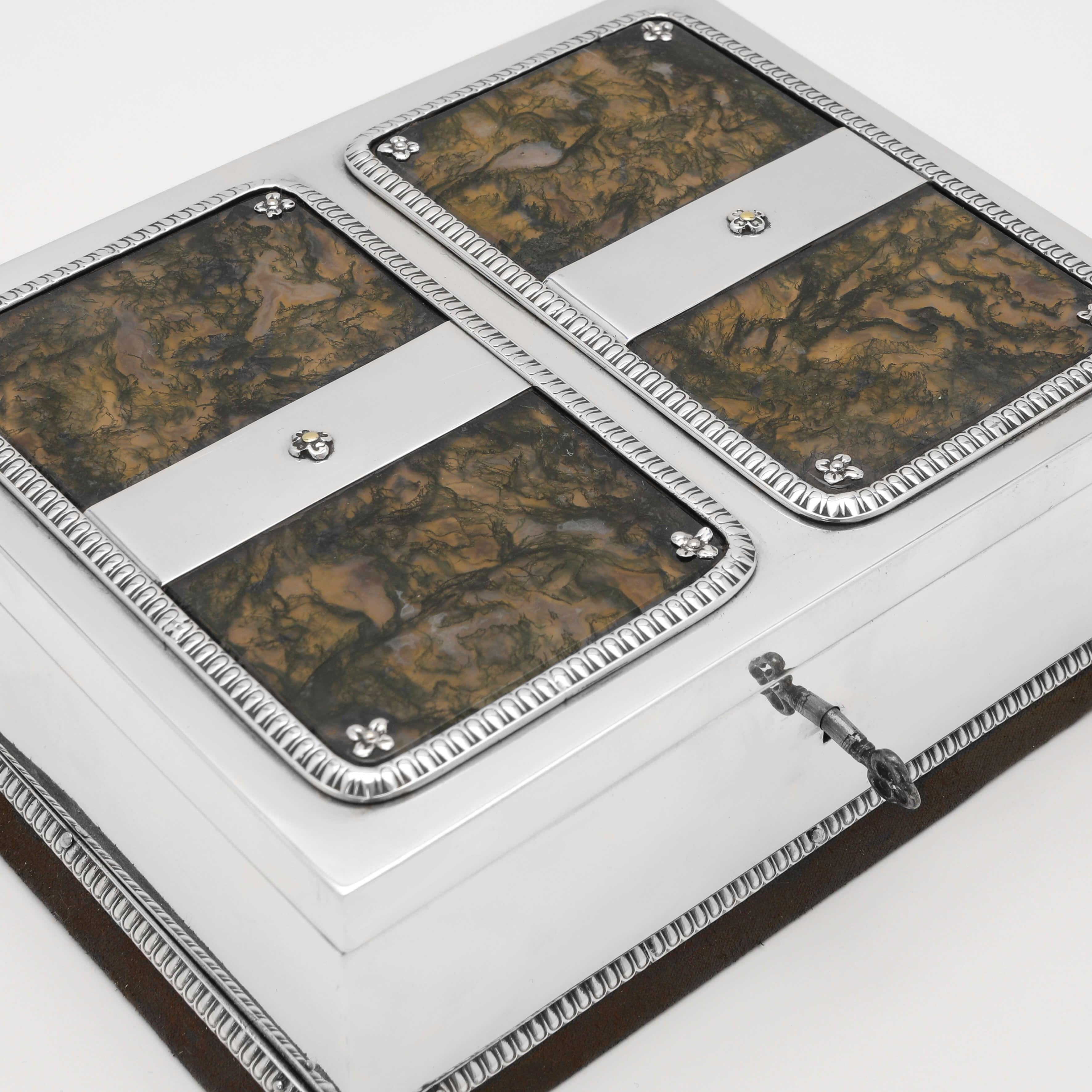 Art Nouveau Antique Sterling Silver Jewellery Box, Moss Agate Lid, Lockable In Good Condition In London, London