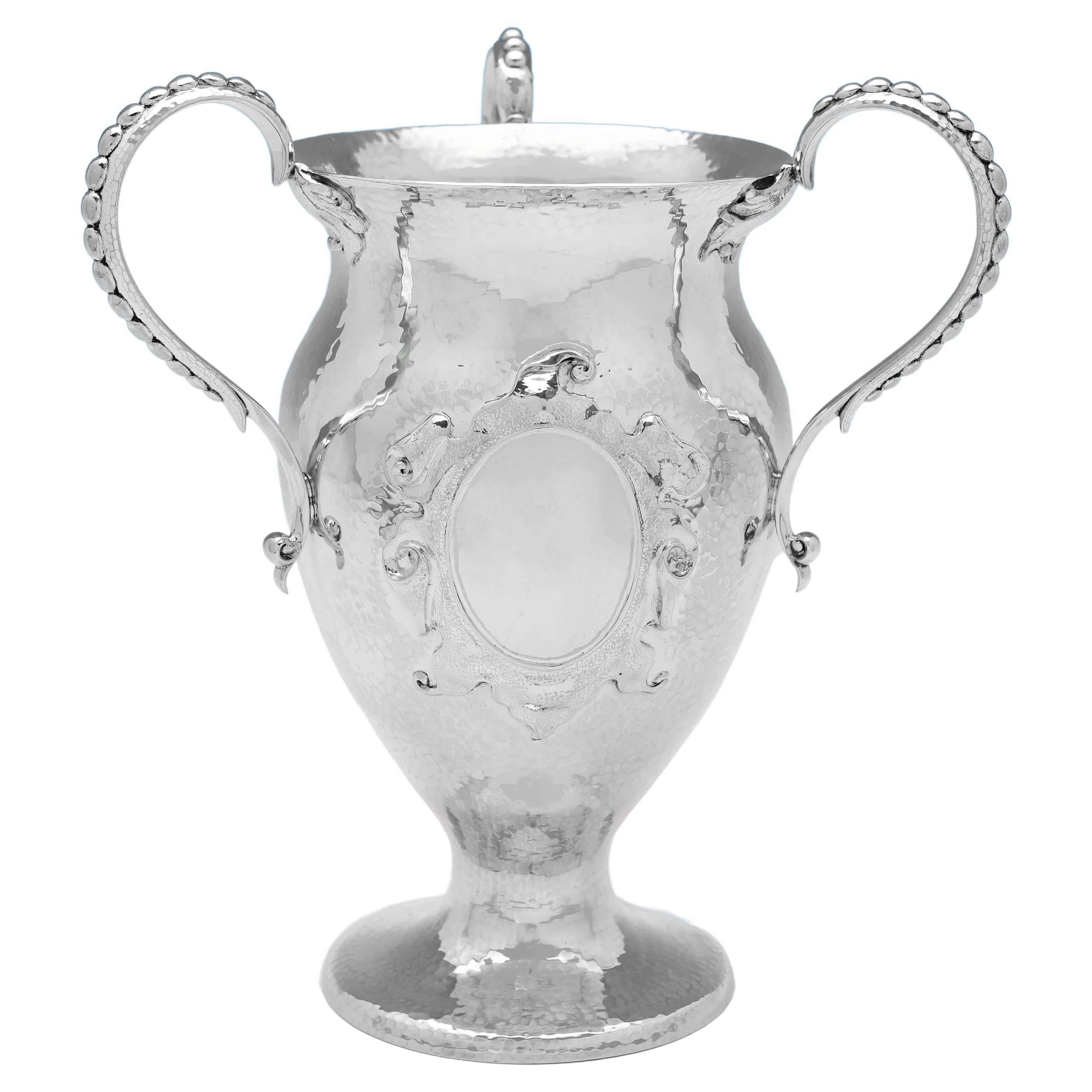 Art Nouveau Antique Sterling Silver Three Handled Cup or Trophy, London, 1910  For Sale