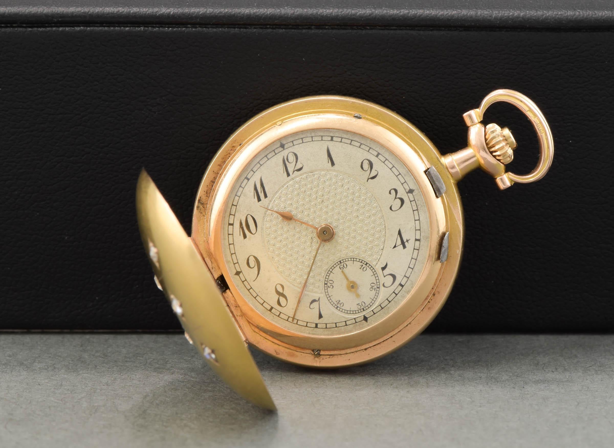Art Nouveau Antique Swiss 14K Gold Pocket Watch with Old Cut Diamonds in Box 5