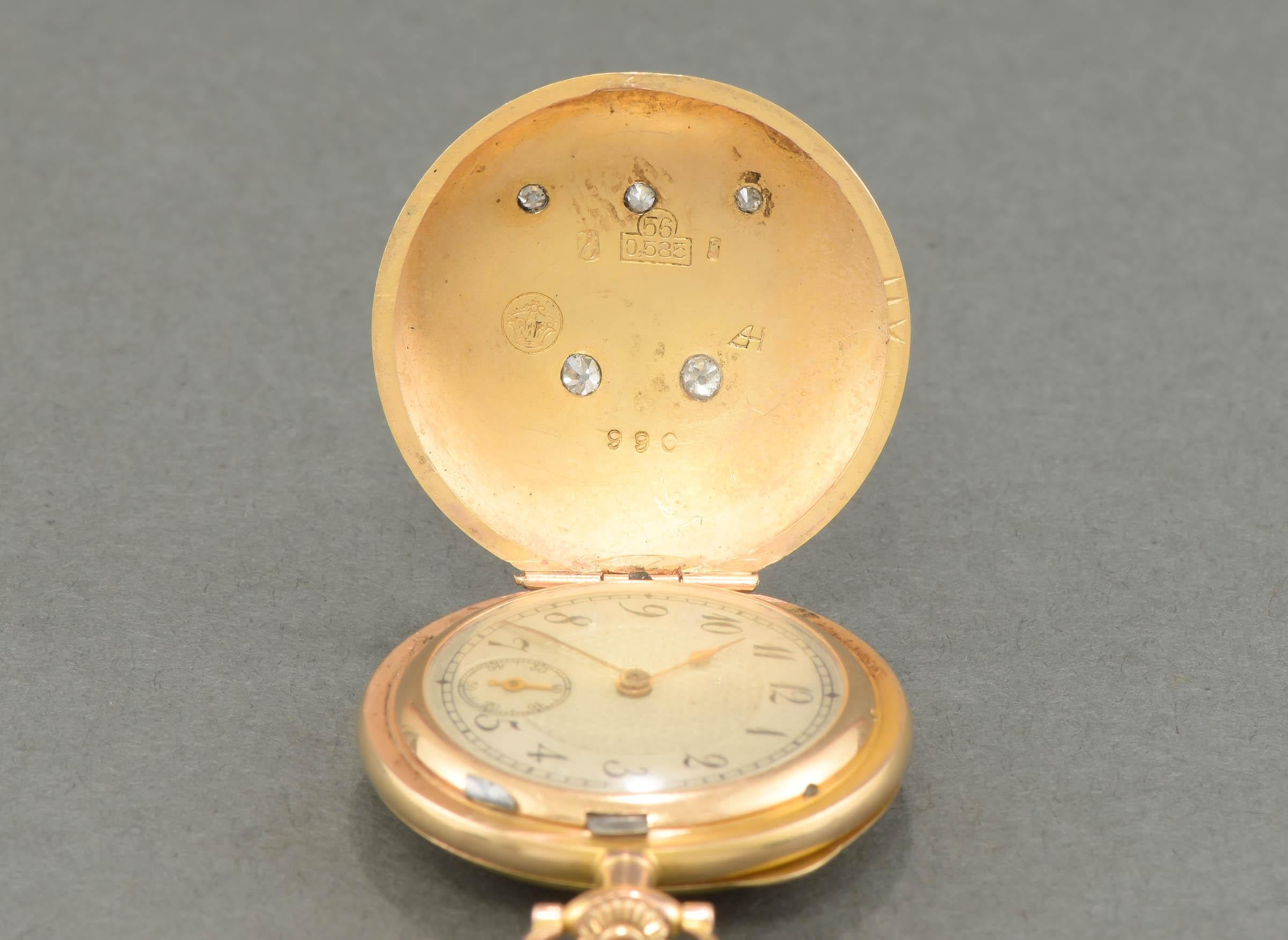 Art Nouveau Antique Swiss 14K Gold Pocket Watch with Old Cut Diamonds in Box 9