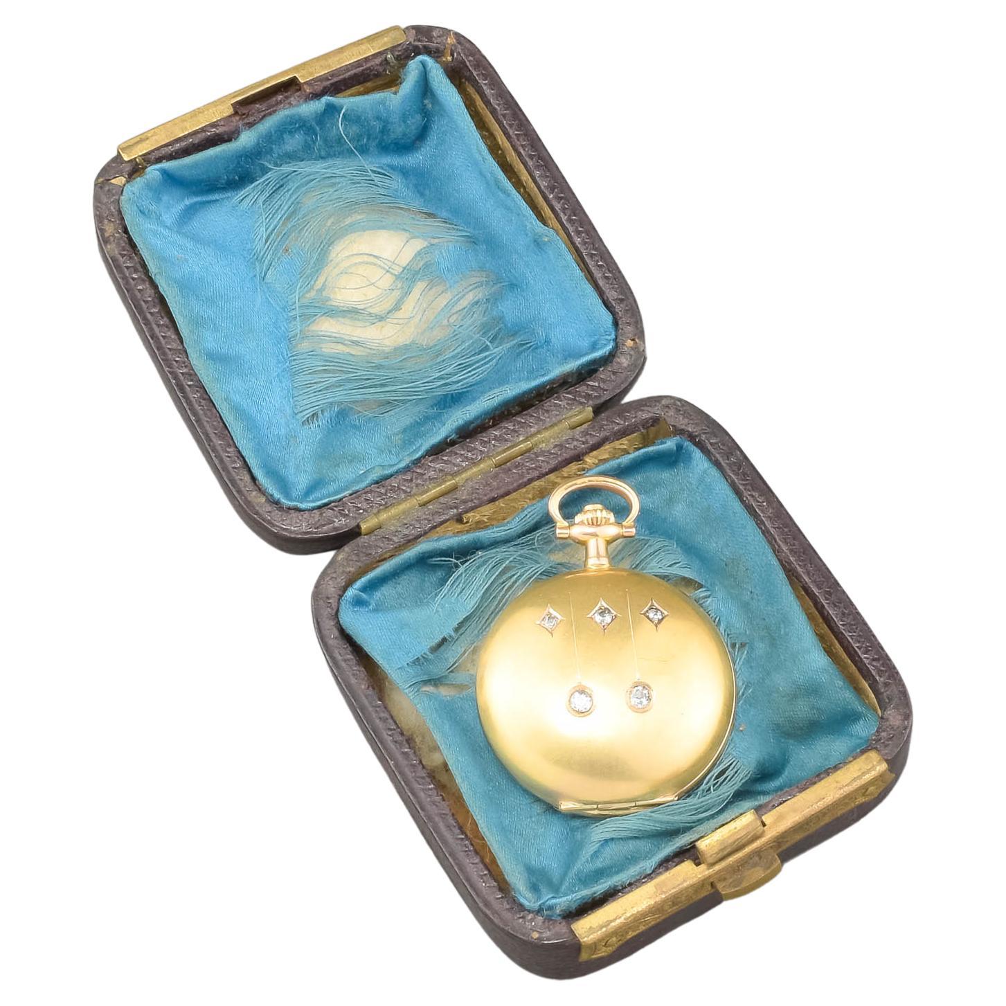 Art Nouveau Antique Swiss 14K Gold Pocket Watch with Old Cut Diamonds in Box 11