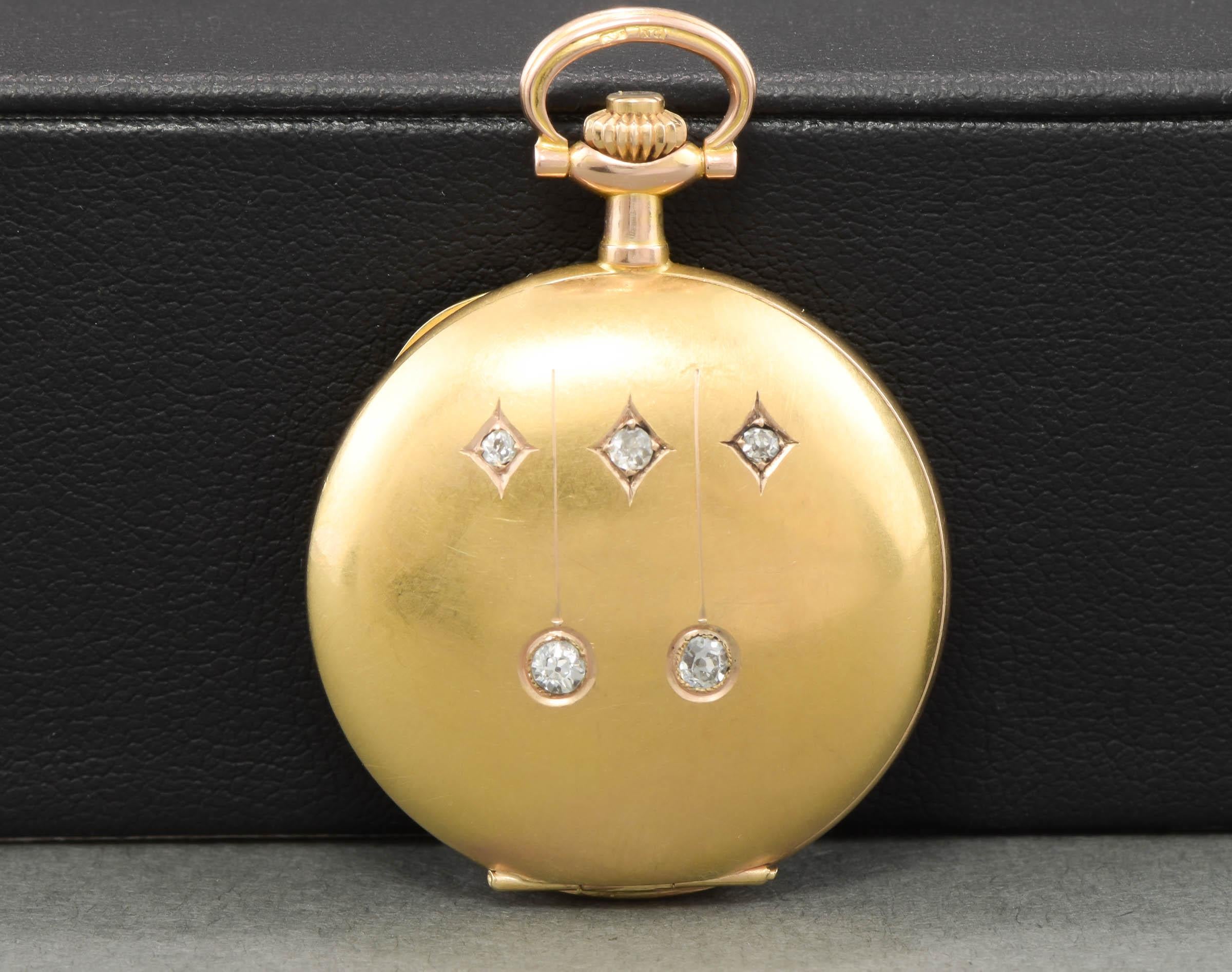 Art Nouveau Antique Swiss 14K Gold Pocket Watch with Old Cut Diamonds in Box In Good Condition In Danvers, MA