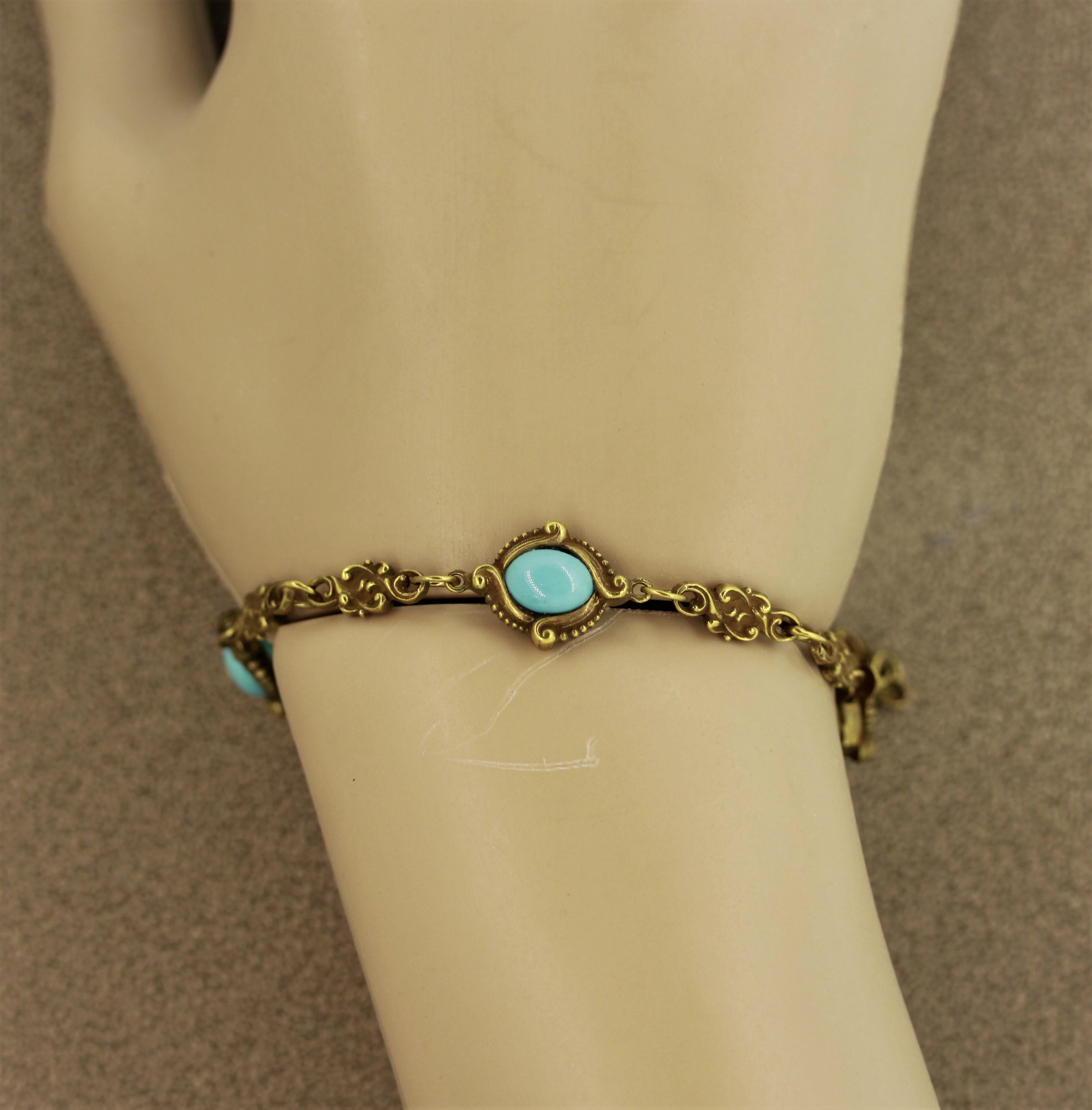 Art Nouveau Antique Turquoise Gold Filigree Bracelet For Sale 5