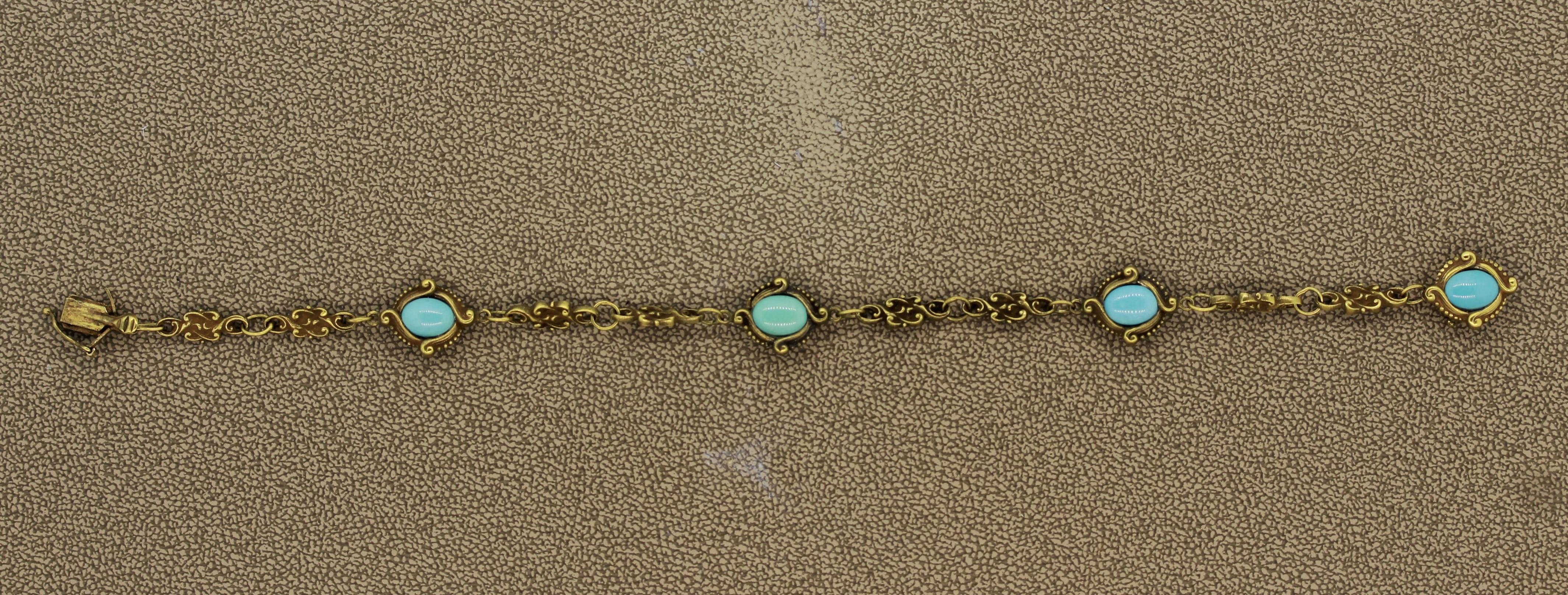 A classic piece for the Art Nouveau era in the early 1900’s, this sweet bracelet features 4 pieces of fine sky blue turquoise. Hand made in 14k yellow gold with detailed filigree design on each link and around each turquoise. 


Length: 8 inches
