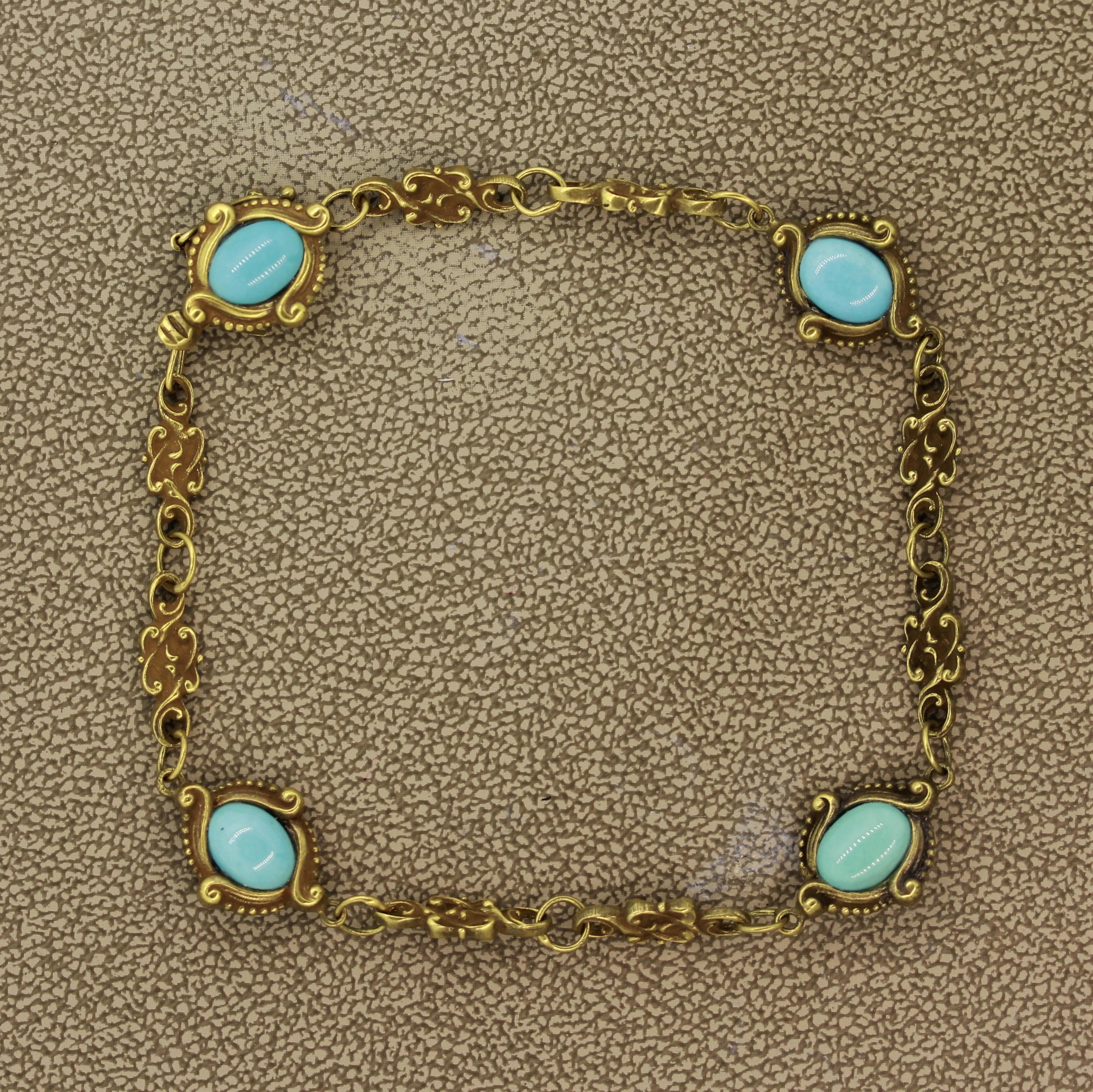 Oval Cut Art Nouveau Antique Turquoise Gold Filigree Bracelet For Sale