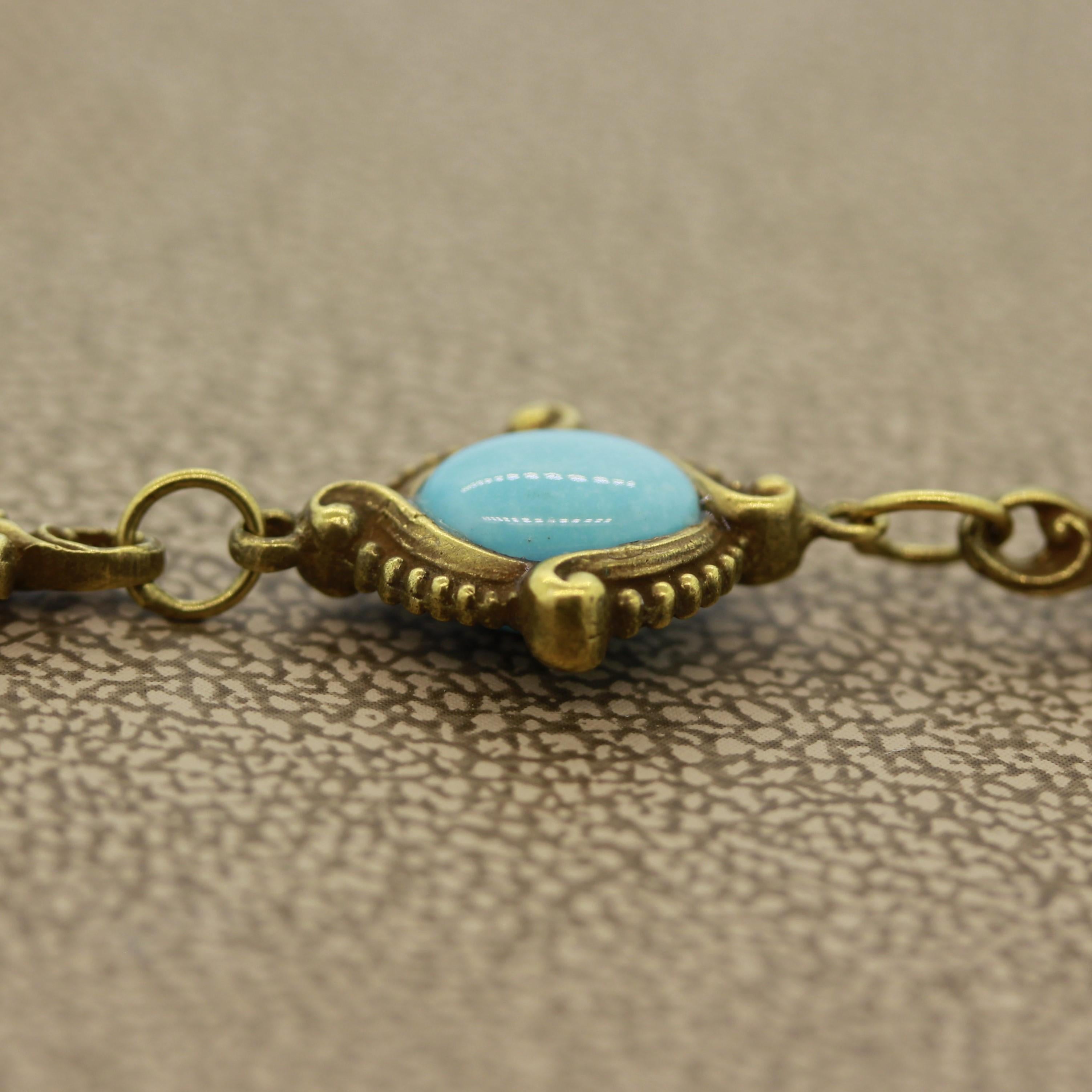 Art Nouveau Antique Turquoise Gold Filigree Bracelet For Sale 1
