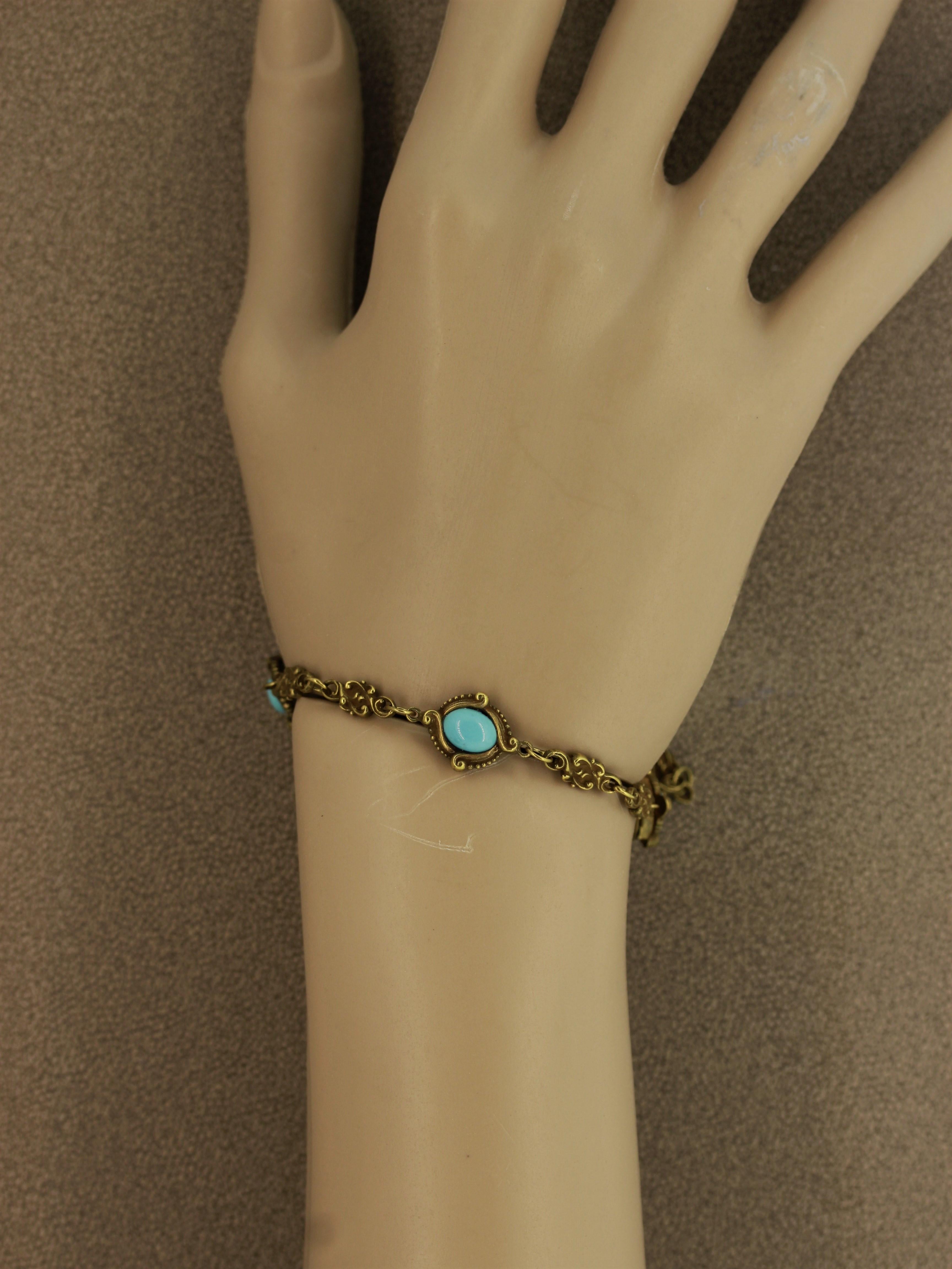 Art Nouveau Antique Turquoise Gold Filigree Bracelet For Sale 3