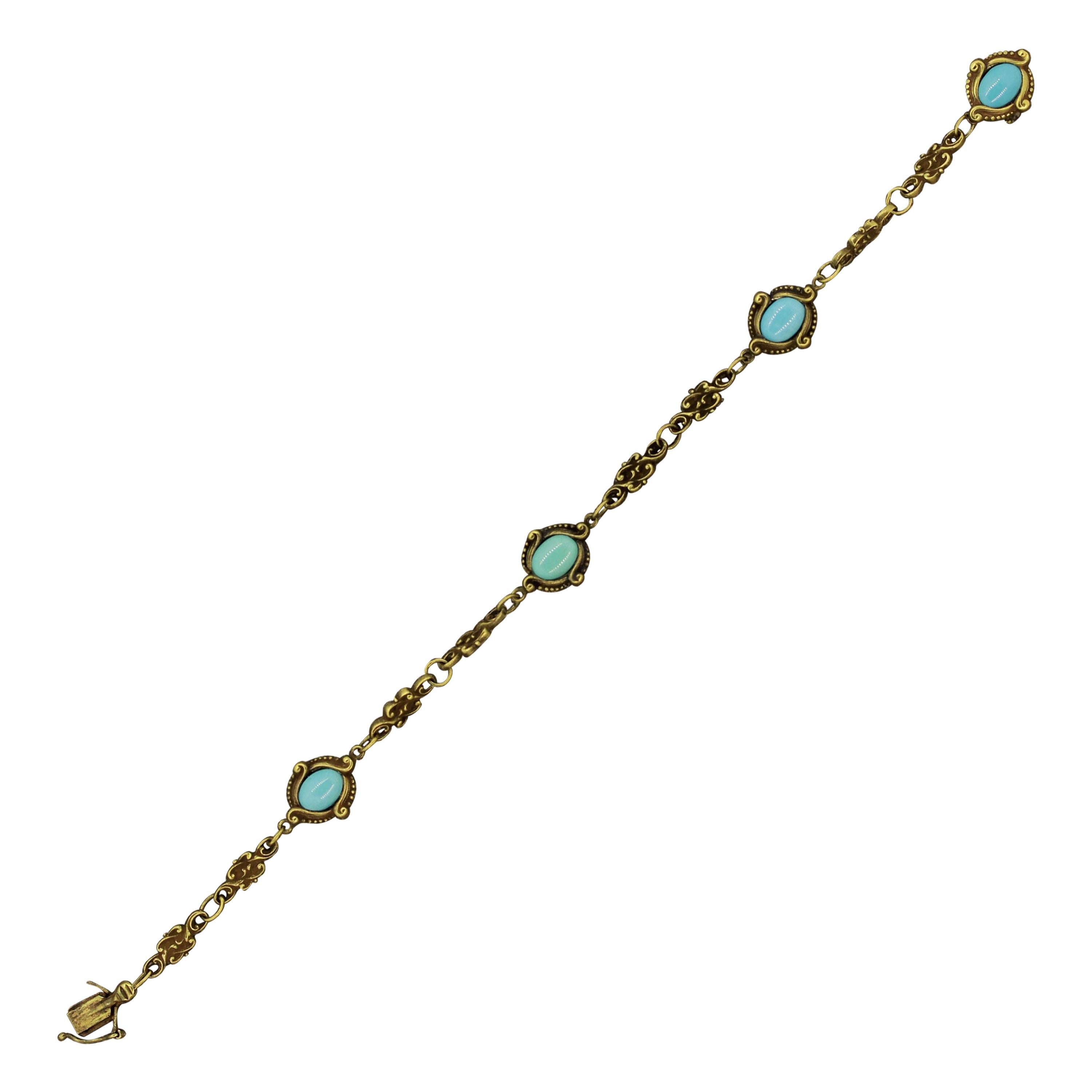 Filigranes Jugendstil-Armband aus antikem Türkis-Gold im Angebot