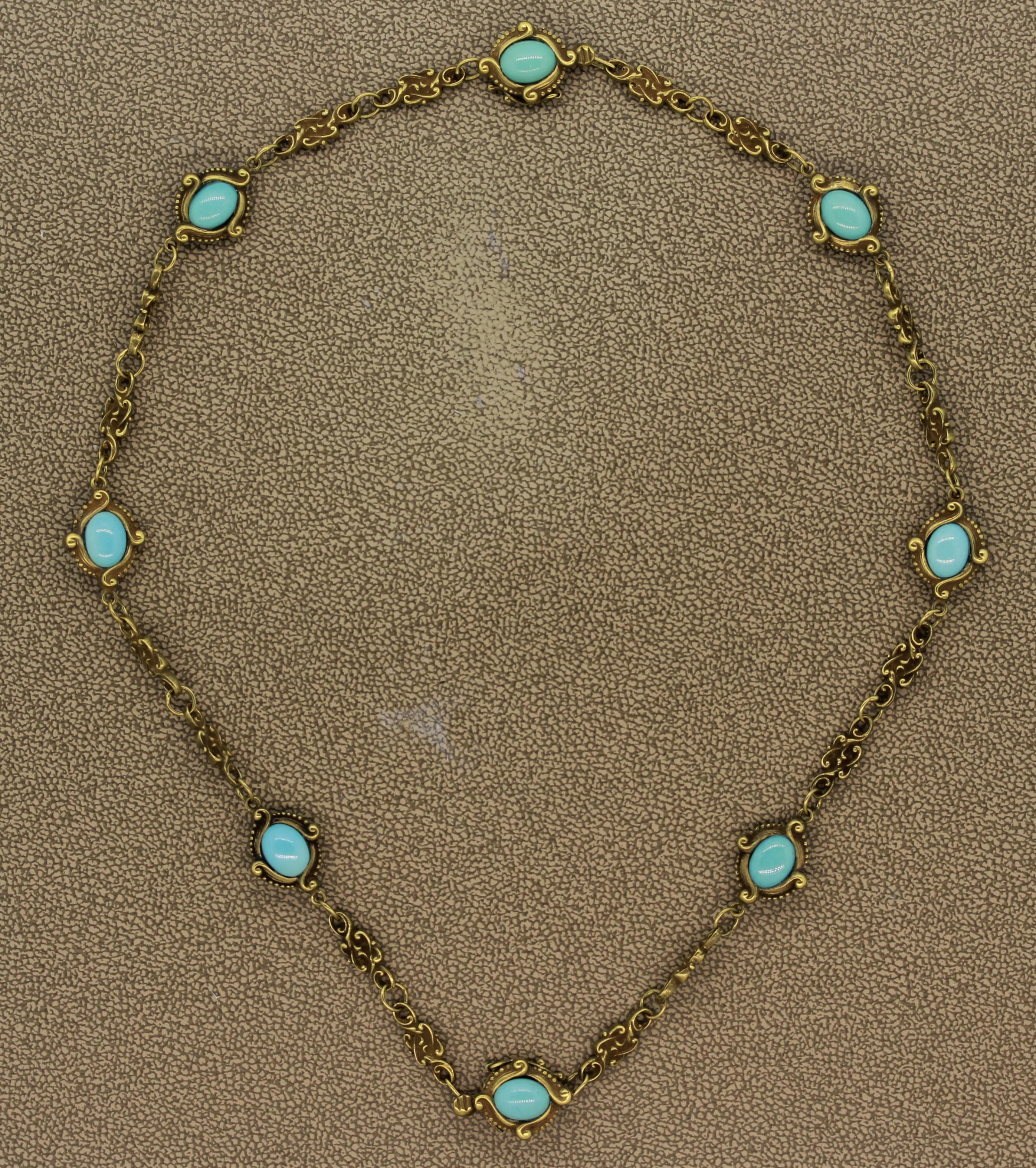 A super stylish treasure from the turn of the 20th century. This Art Nouveau treasure features 8 beautifully colored sky blue turquoise matching in color and shape. They are set in hand fabricated 14k yellow gold which has been designed with