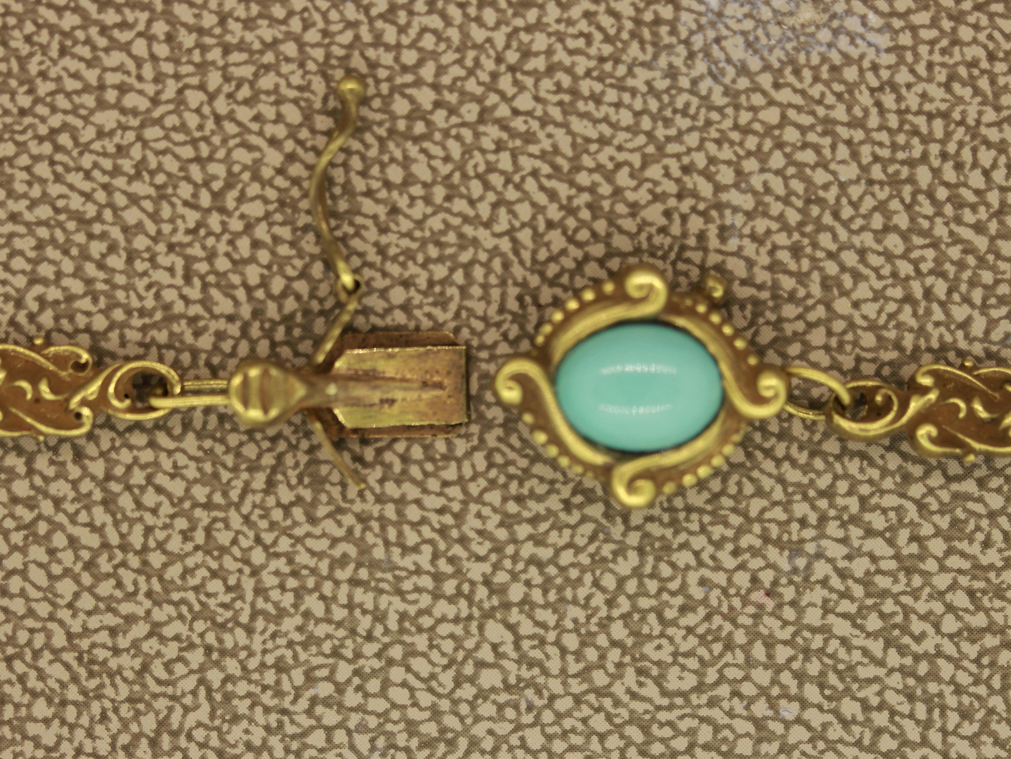 Oval Cut Art Nouveau Antique Turquoise Gold Filigree Necklace