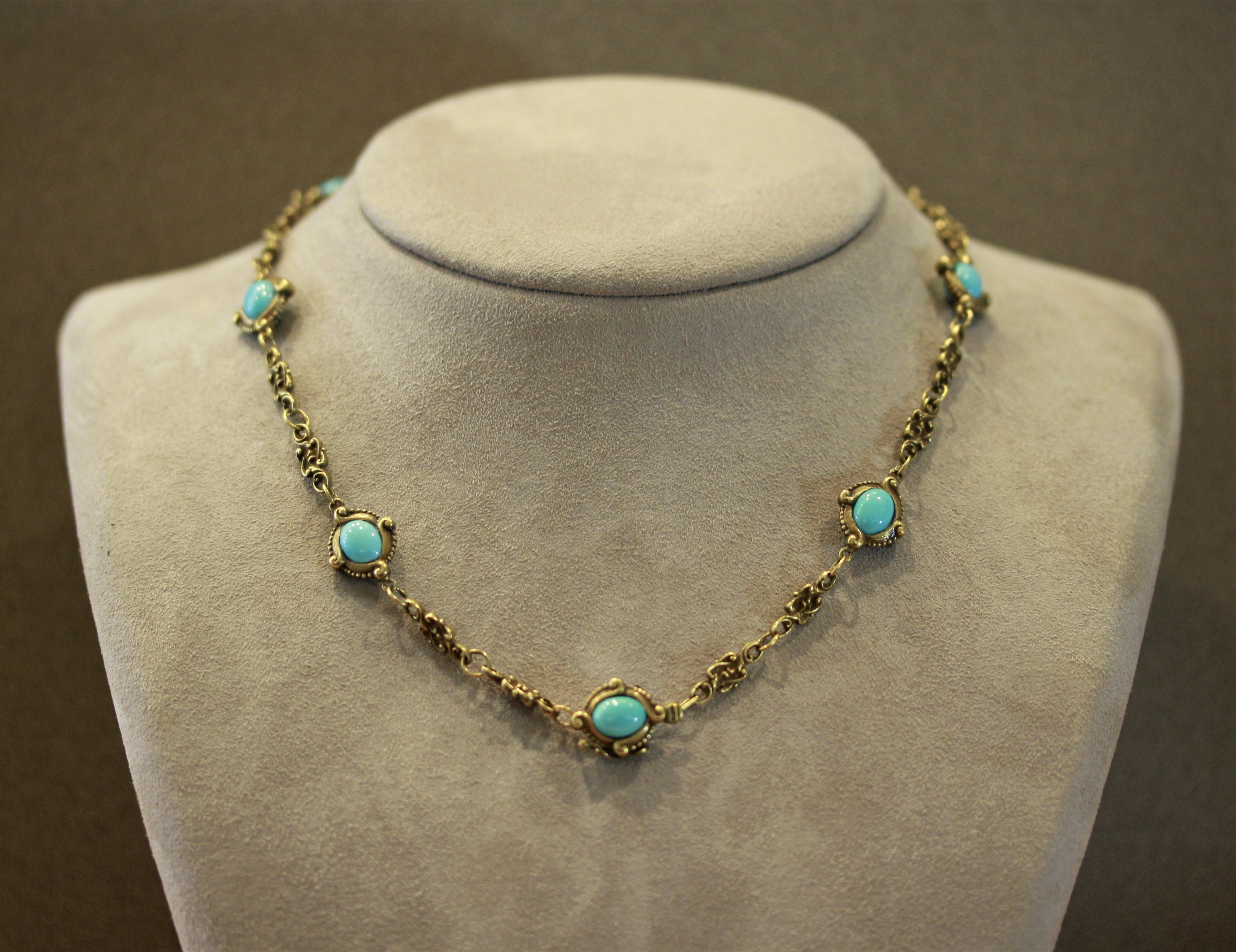 Women's Art Nouveau Antique Turquoise Gold Filigree Necklace