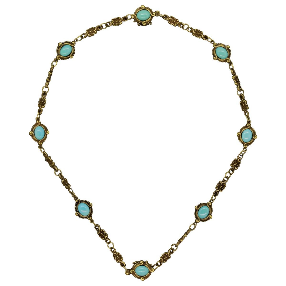 Art Nouveau Antique Turquoise Gold Filigree Necklace