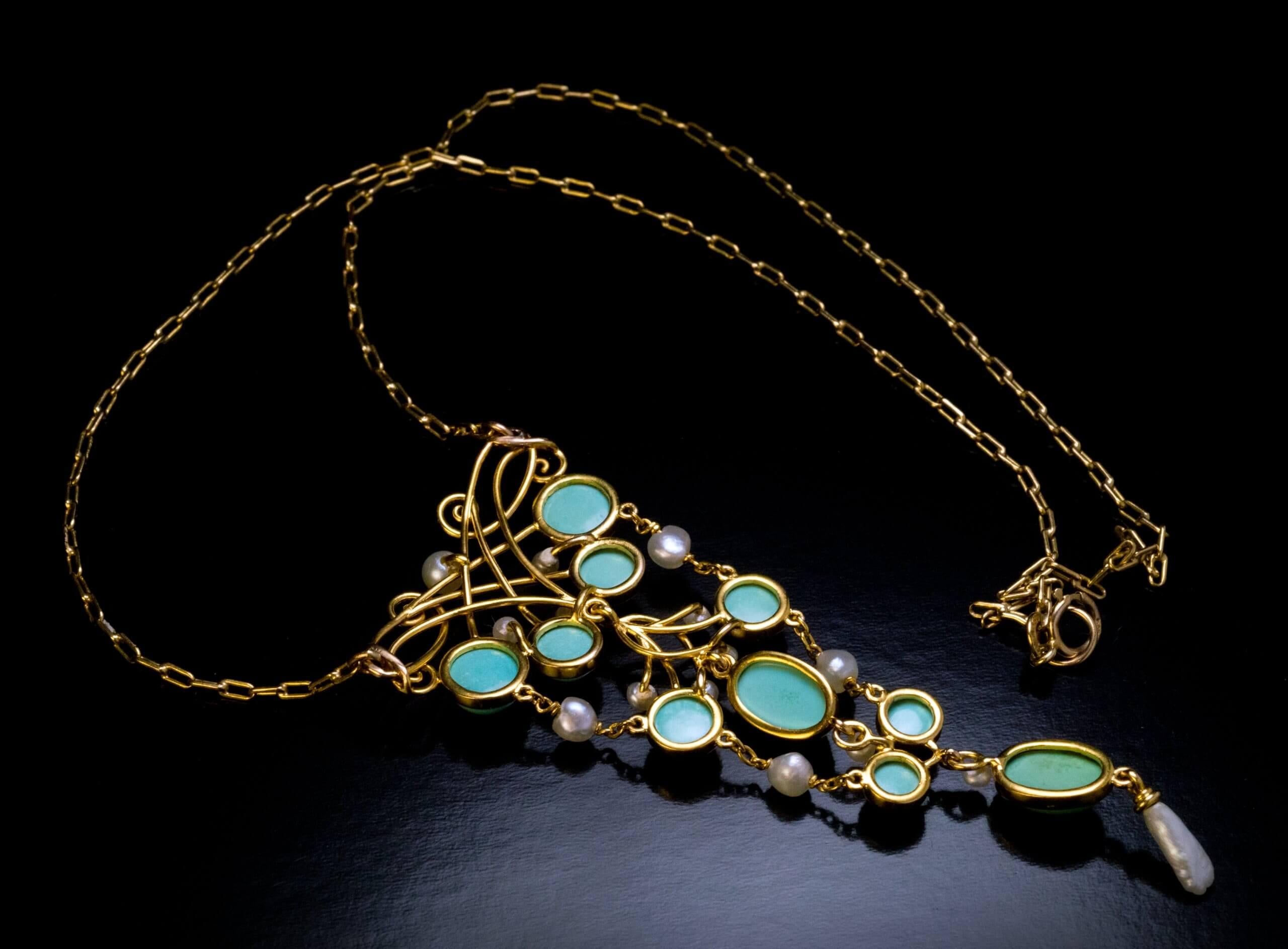 Cabochon Art Nouveau Antique Turquoise Pearl Gold Necklace