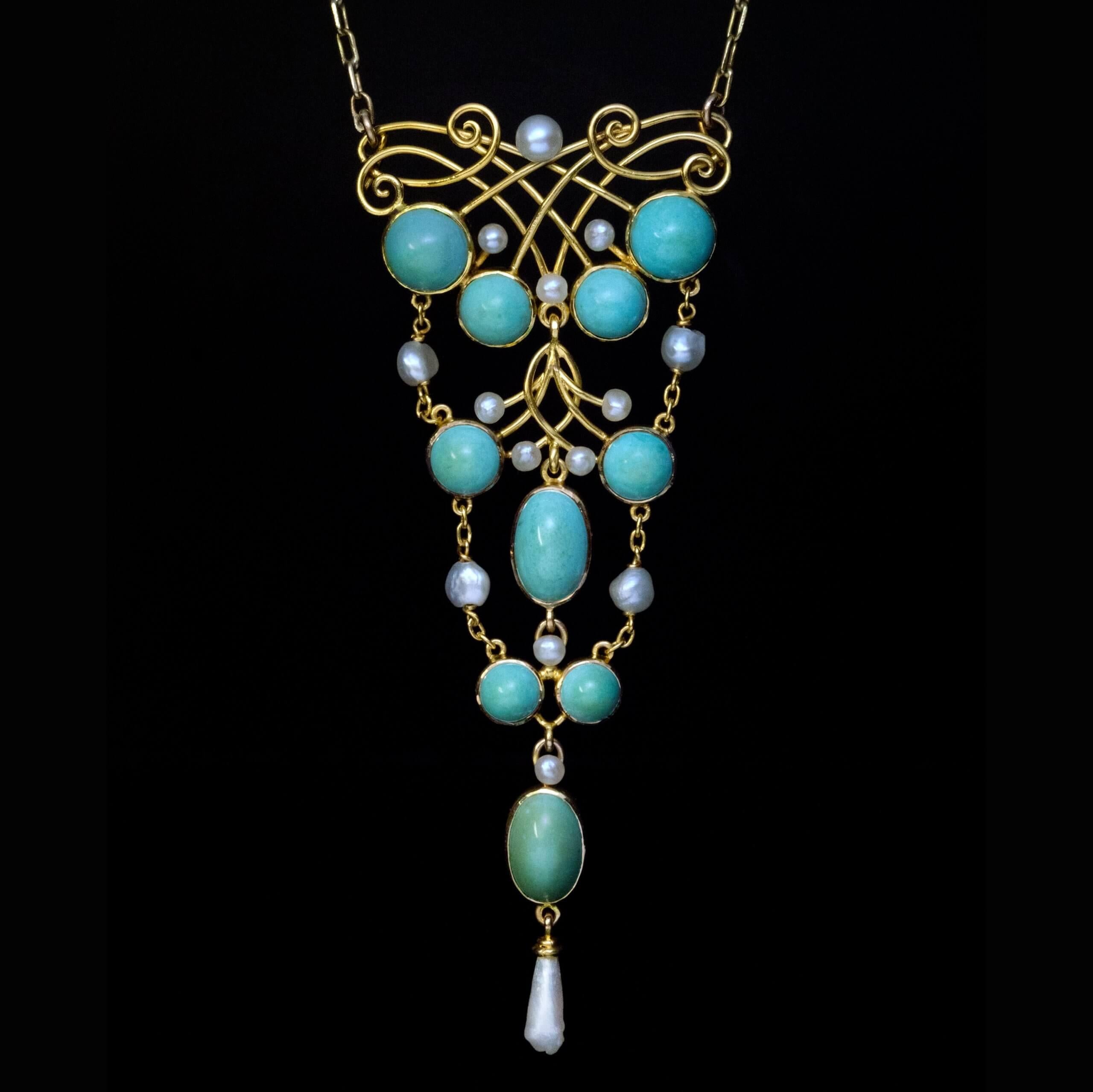 Art Nouveau Antique Turquoise Pearl Gold Necklace In Good Condition In Chicago, IL