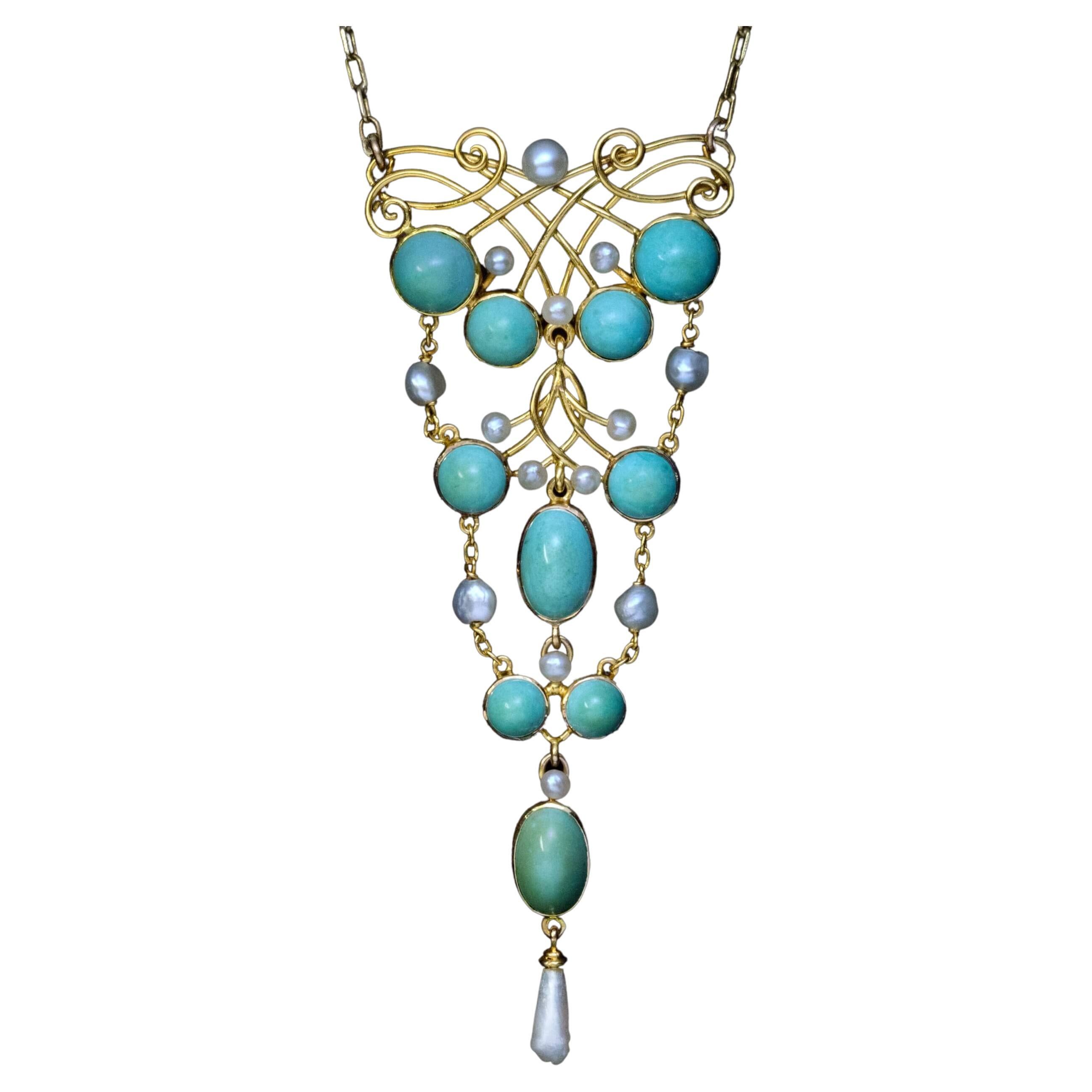 Art Nouveau Antique Turquoise Pearl Gold Necklace