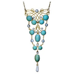 Art Nouveau Antique Turquoise Pearl Gold Necklace