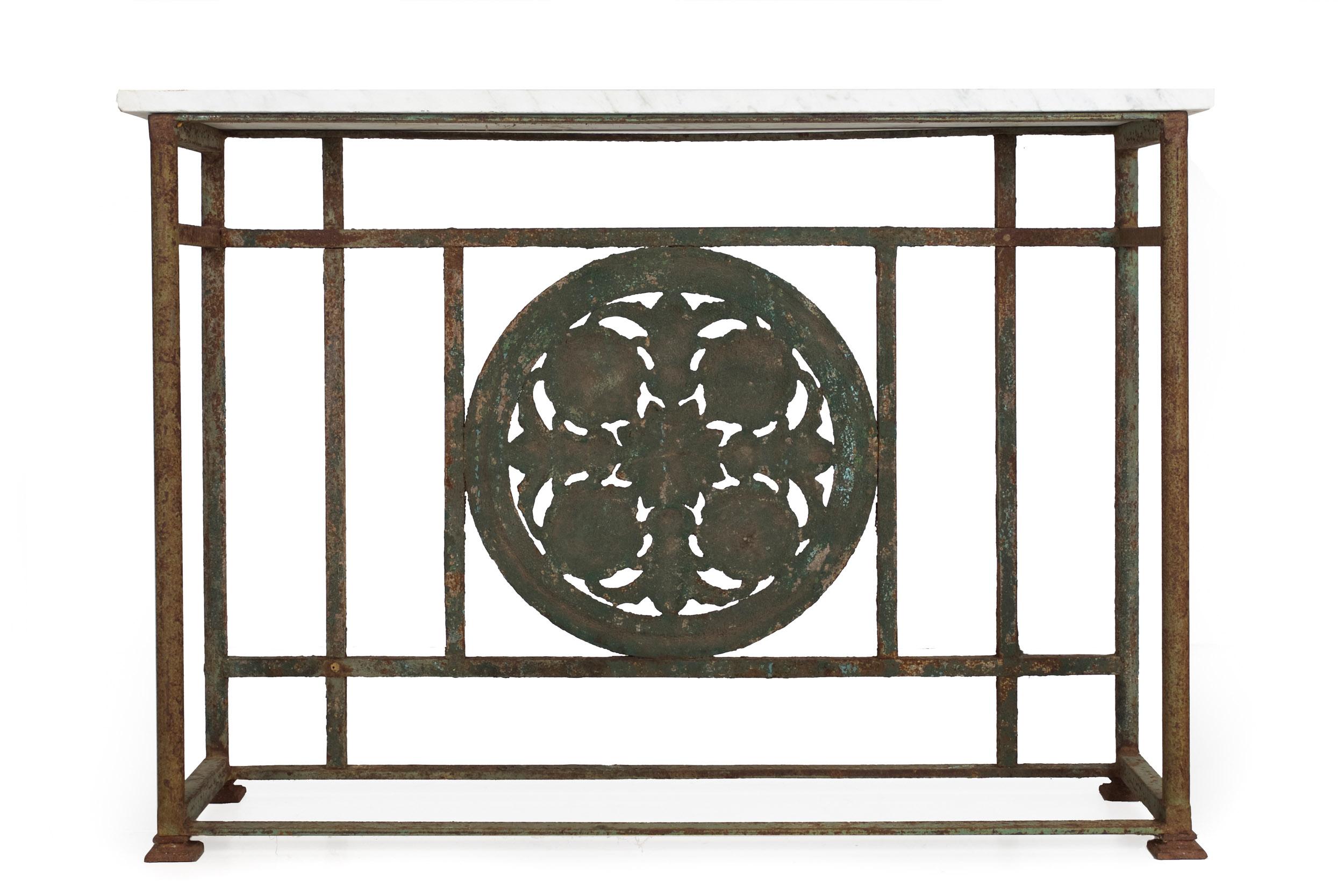 Art Nouveau Antique Wrought and Cast Iron Console Pier Table w/ Marble Top In Fair Condition In Shippensburg, PA