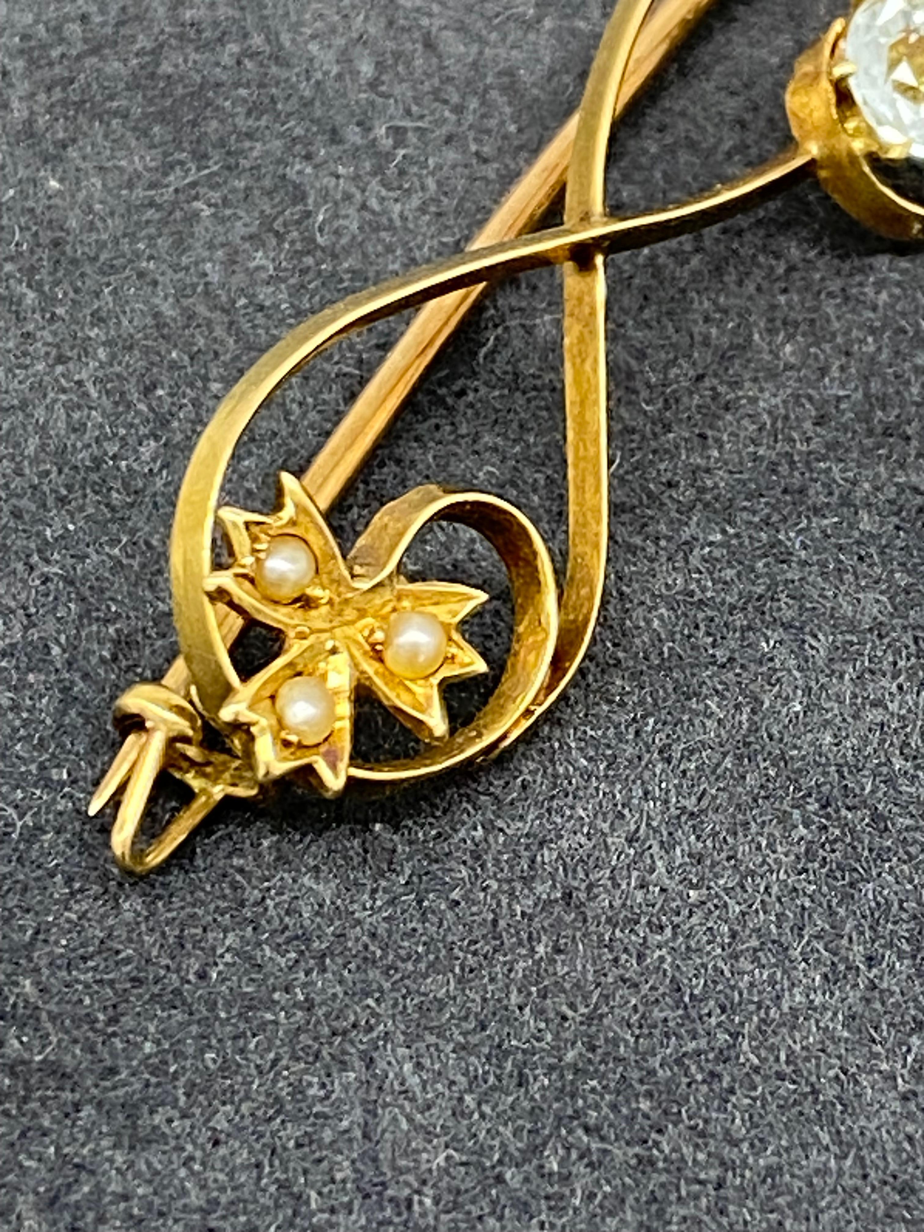 Art Nouveau Aquamarine (0.60ct), Seed Pearl, 15K Rose Gold Floral Motif Brooch In Excellent Condition For Sale In MELBOURNE, AU
