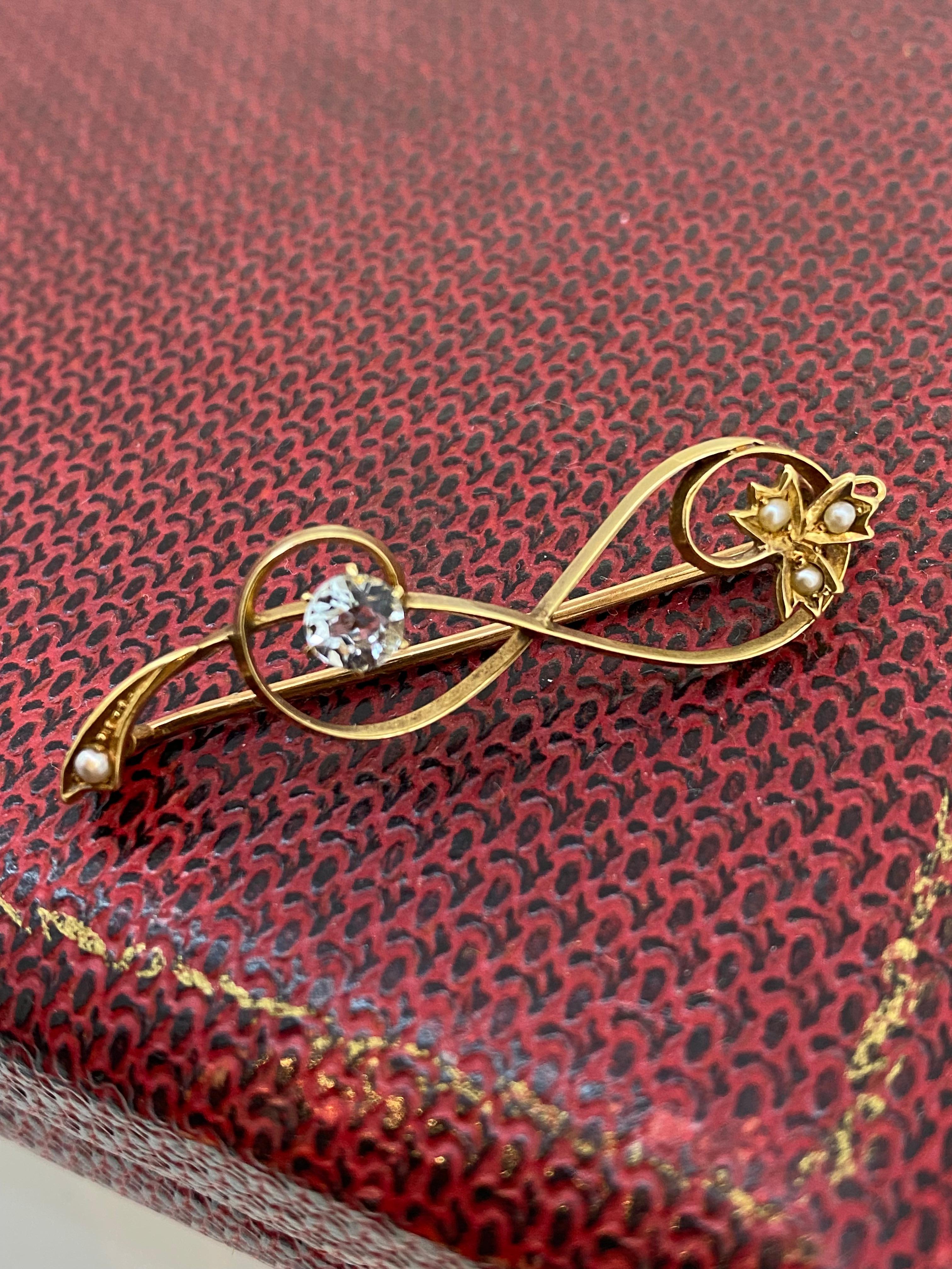 Art Nouveau Aquamarine (0.60ct), Seed Pearl, 15K Rose Gold Floral Motif Brooch For Sale 2