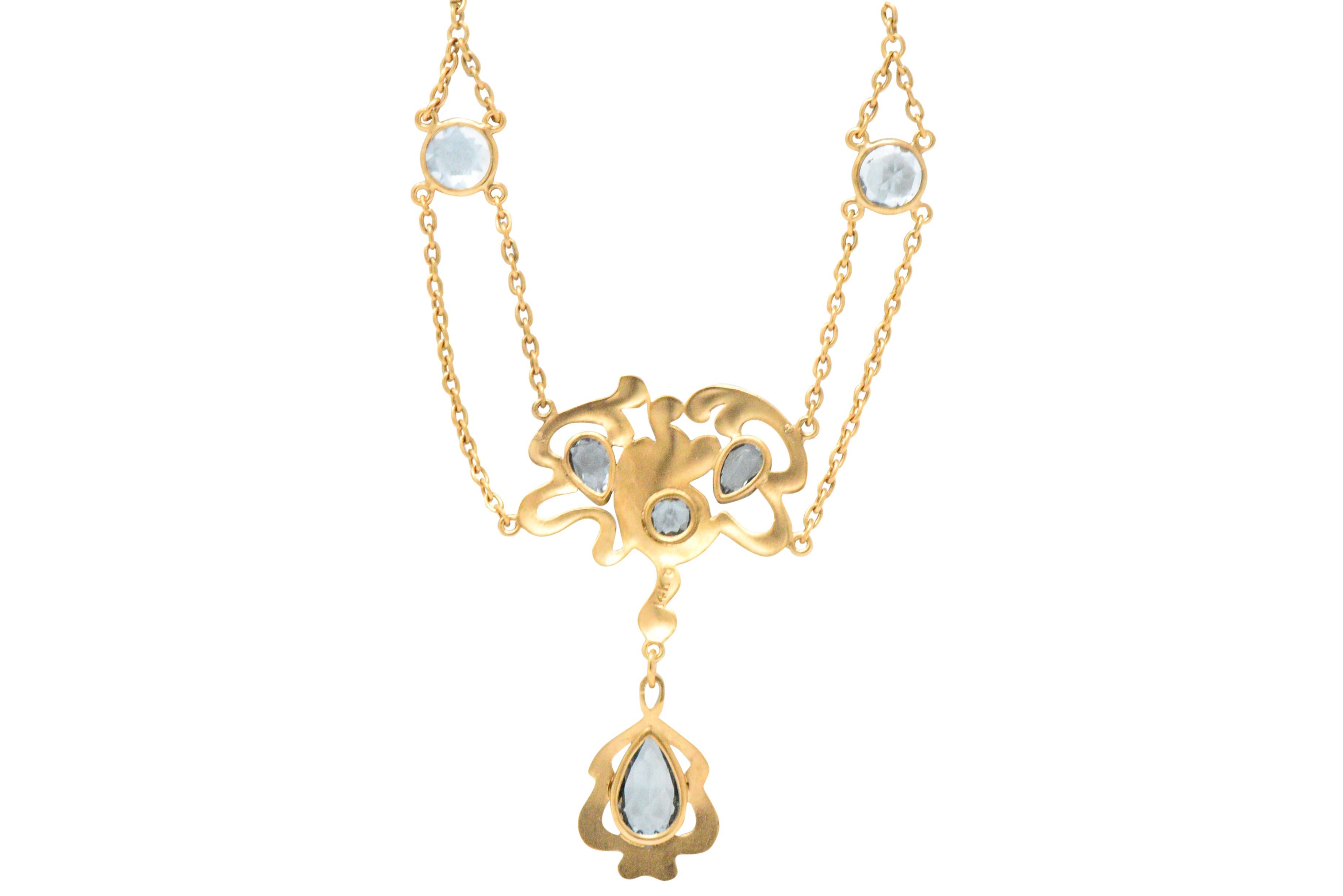 Women's or Men's Art Nouveau Aquamarine 14 Karat Gold Swag Necklace