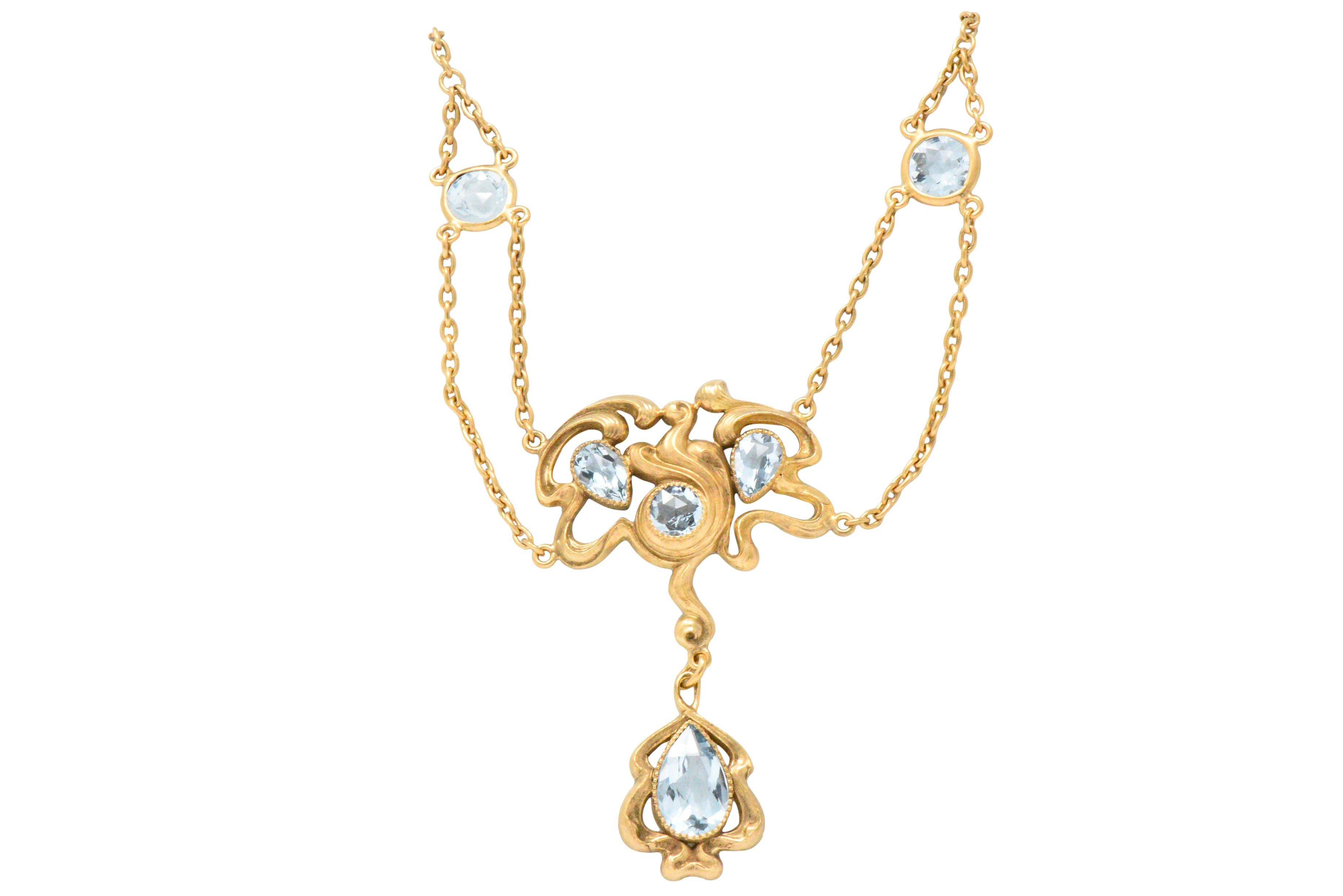 Art Nouveau Aquamarine 14 Karat Gold Swag Necklace 1