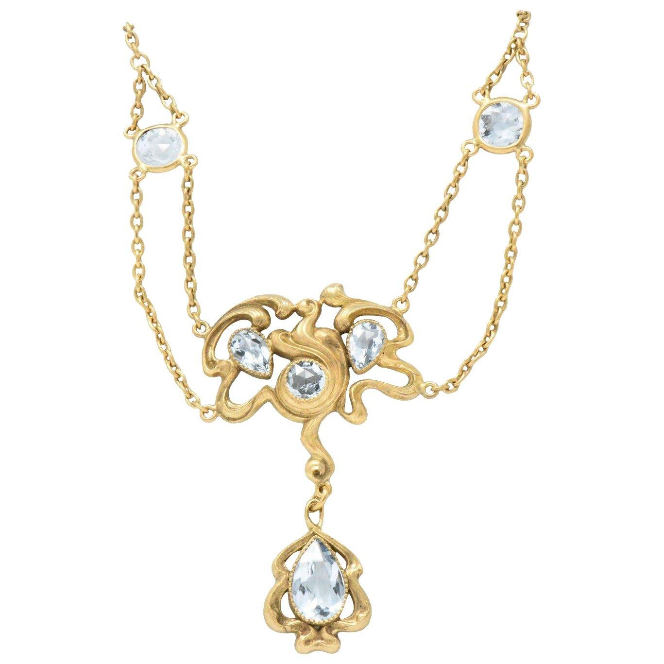 Art Nouveau Aquamarine 14 Karat Gold Swag Necklace