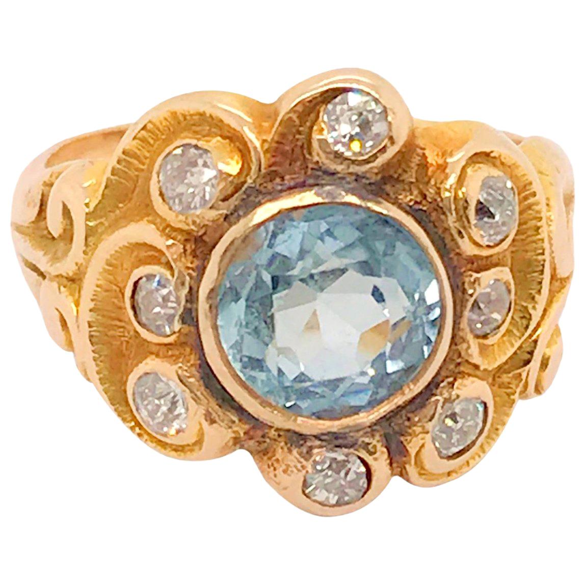 Art Nouveau Aquamarine and Diamond 14 Karat Yellow Gold Ring im Angebot