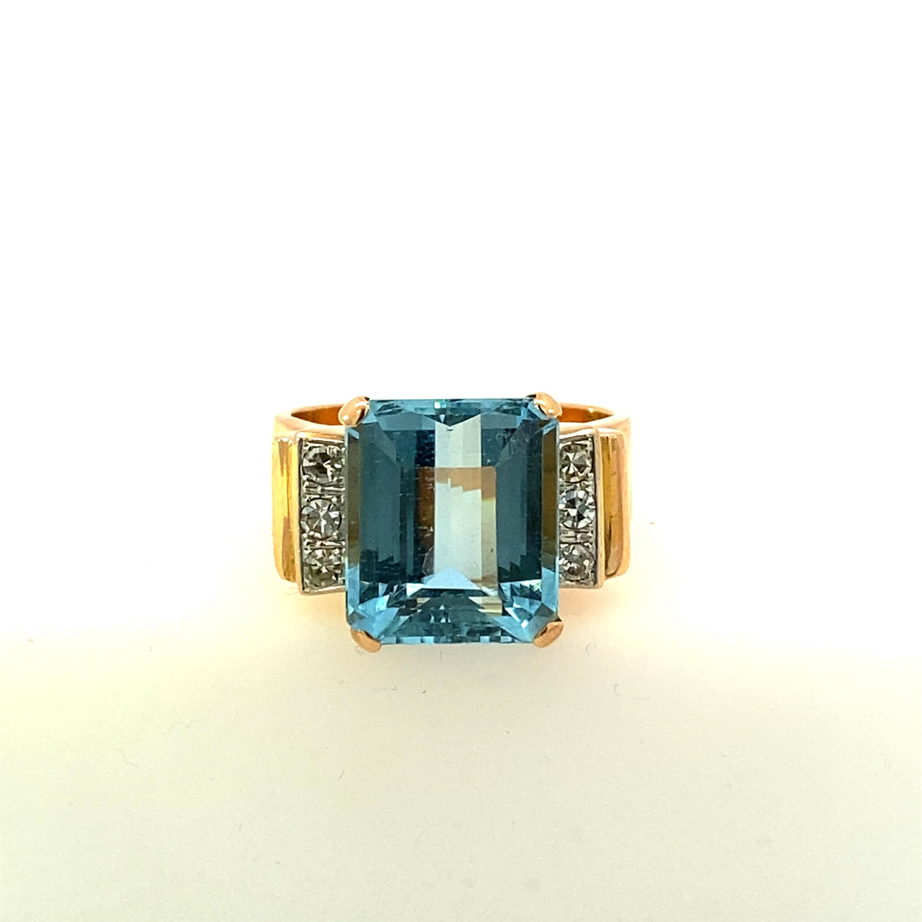 14k rose gold Art Nouveau estate ring with approximately 12 carat aquamarine and .36 carat total weight single cut diamonds. Size 9