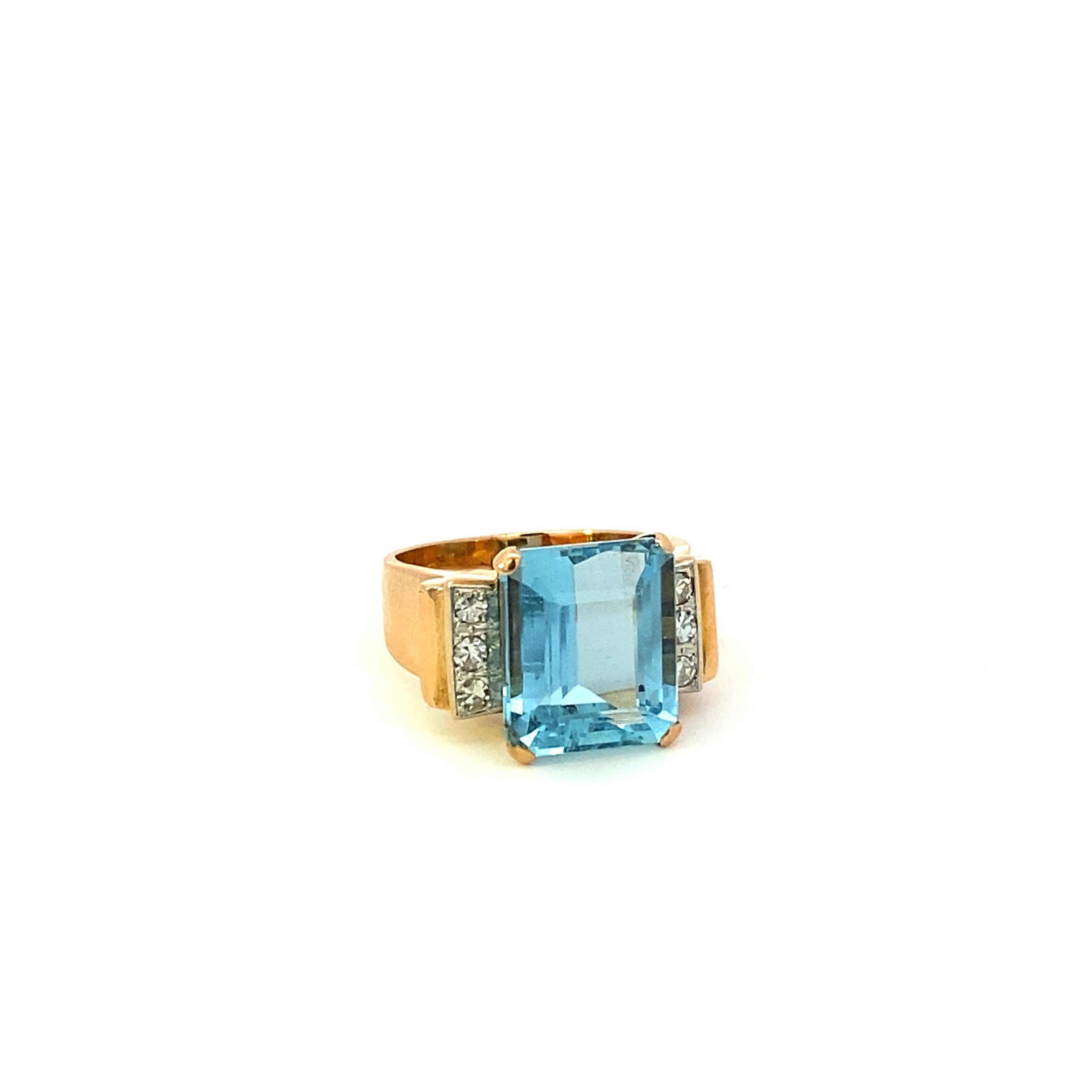 Emerald Cut Art Nouveau Aquamarine and Diamond Ring For Sale