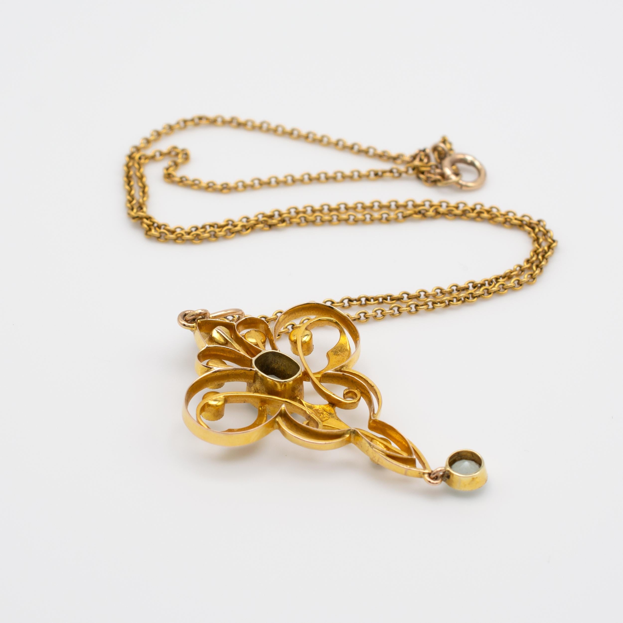 Art Nouveau Aquamarine and Pearl Lavaliere Pendant Necklace 15 Karat Gold 1