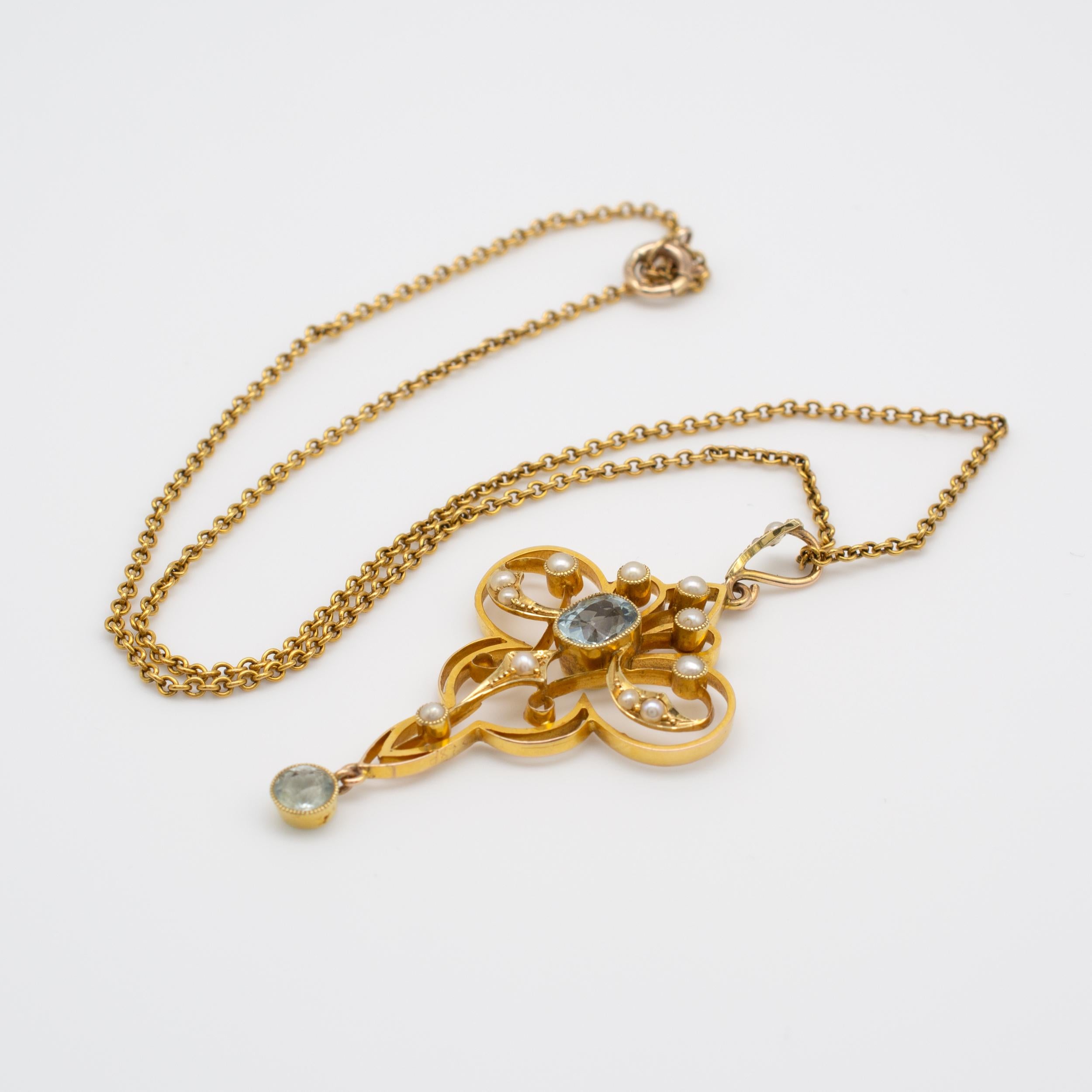 Art Nouveau Aquamarine and Pearl Lavaliere Pendant Necklace 15 Karat Gold 2