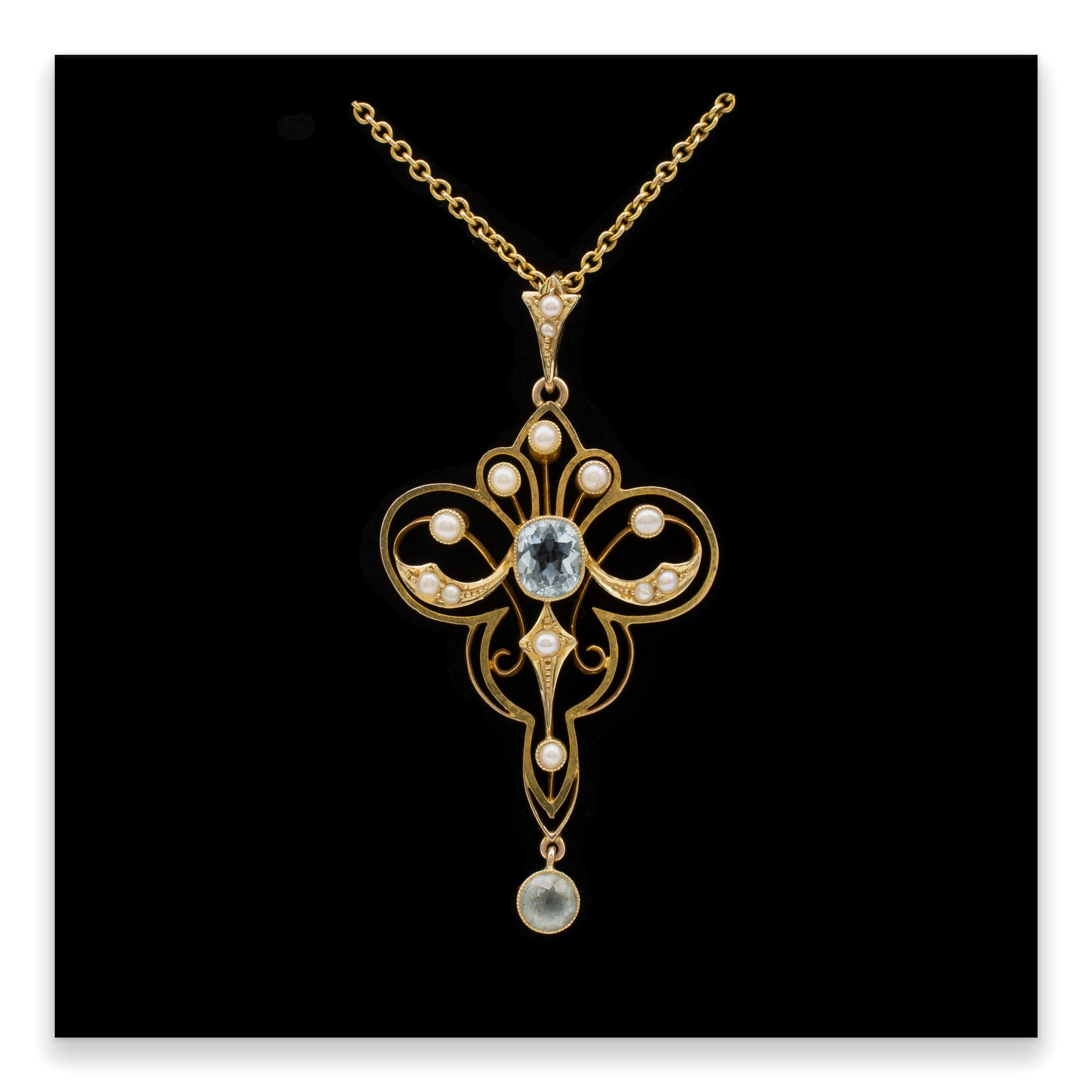Art Nouveau Aquamarine and Pearl Lavaliere Pendant Necklace 15 Karat Gold 3
