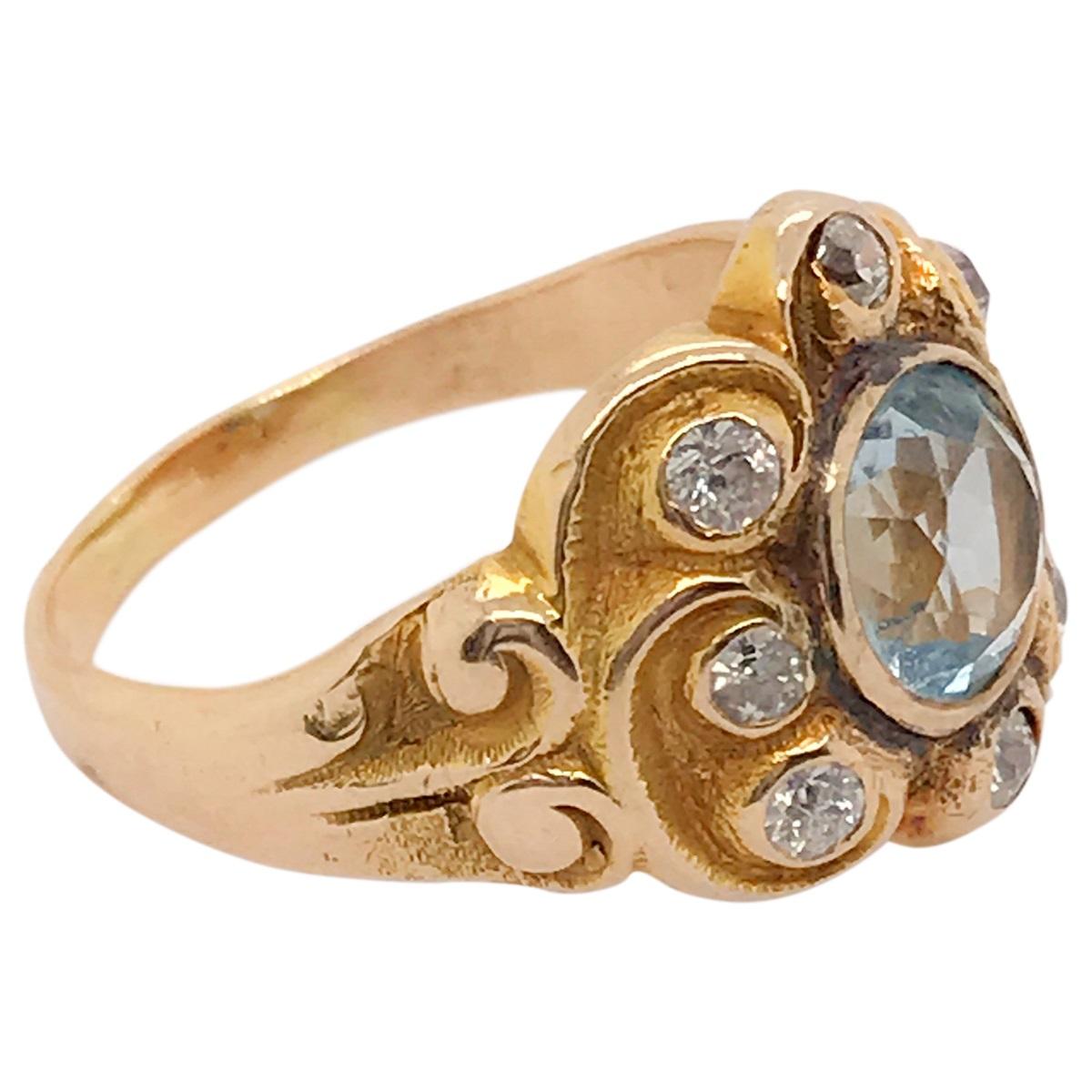 Art Nouveau Aquamarine and Diamond 14 Karat Yellow Gold Ring For Sale 7