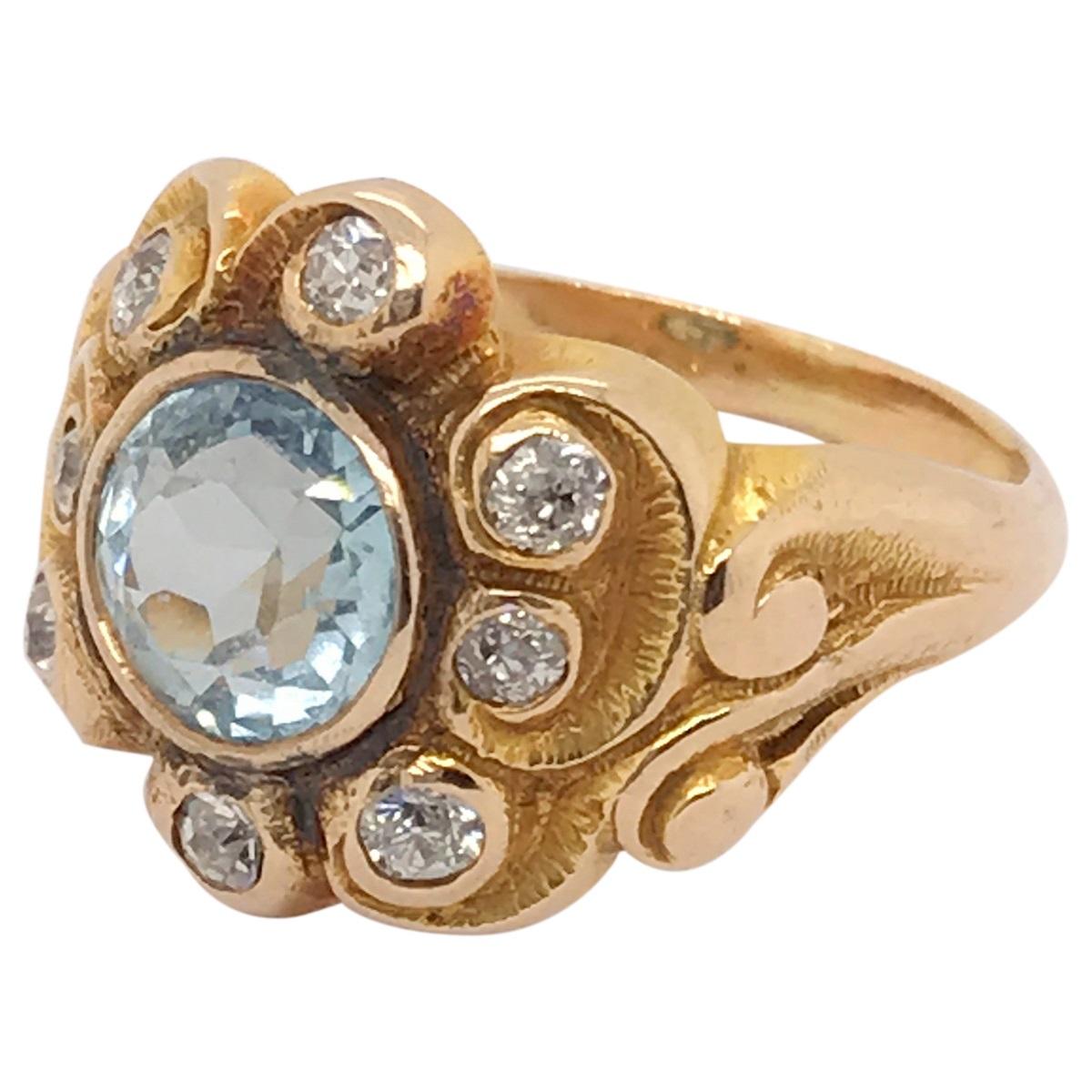 Art Nouveau Aquamarine and Diamond 14 Karat Yellow Gold Ring For Sale 11