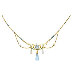 Art Nouveau Aquamarine Enamel Natural Pearl 14 Karat Gold Swag Necklace