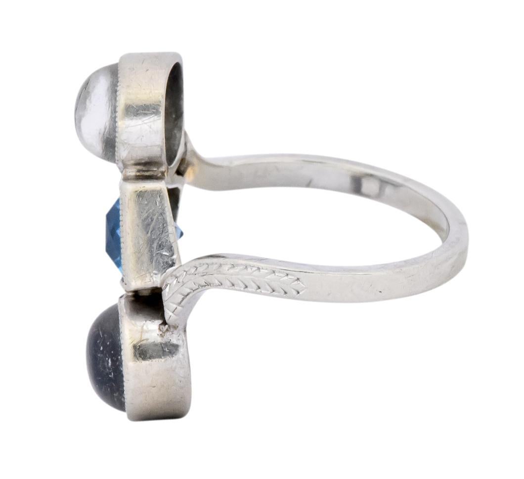 Women's or Men's Art Nouveau Aquamarine Moonstone 14 Karat White Gold Ring
