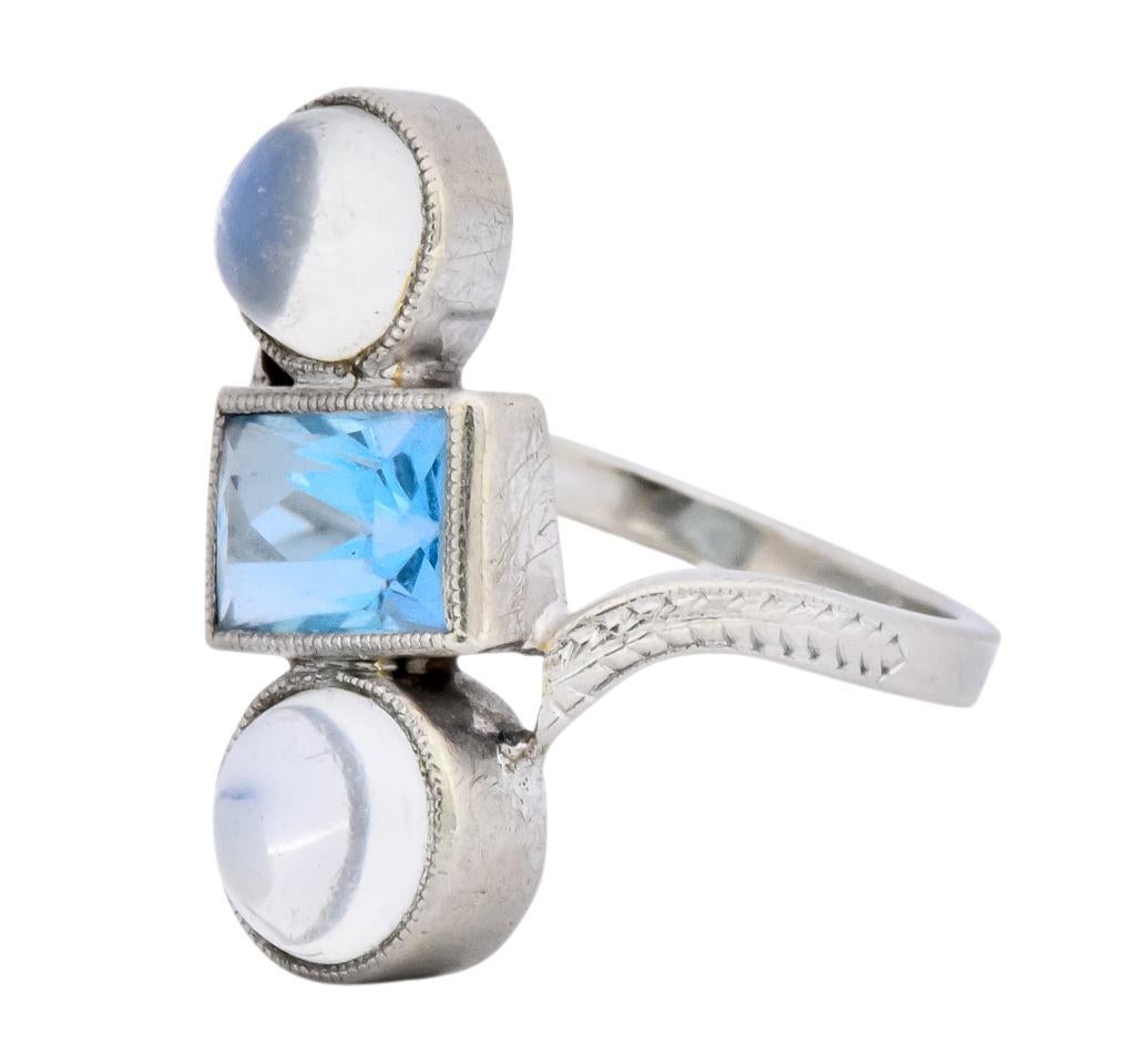 Art Nouveau Aquamarine Moonstone 14 Karat White Gold Ring 1