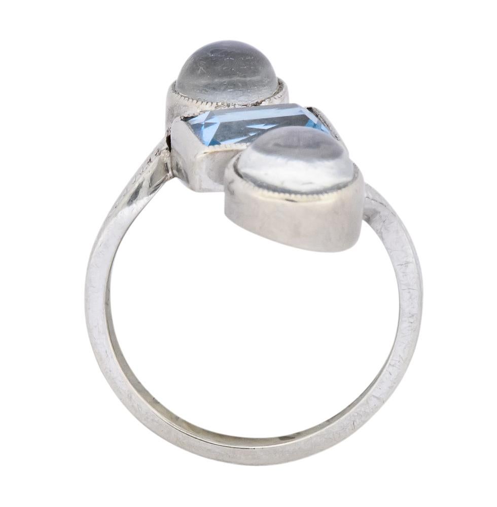 Art Nouveau Aquamarine Moonstone 14 Karat White Gold Ring 2